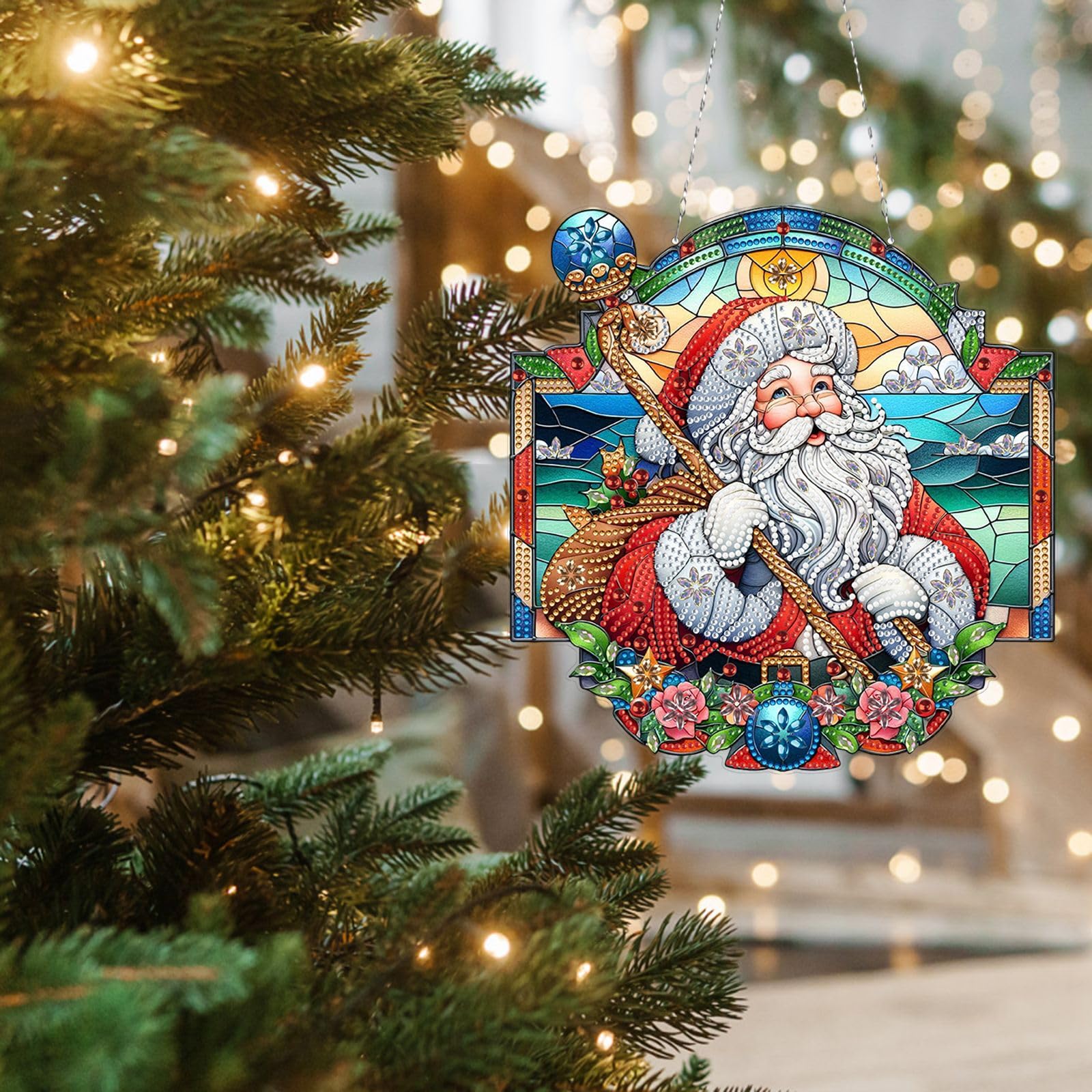 Diamond Painting Weihnachtsmann Anhänger 20x20cm - DIY Diamant Bild Mit Kette Für Dekoration