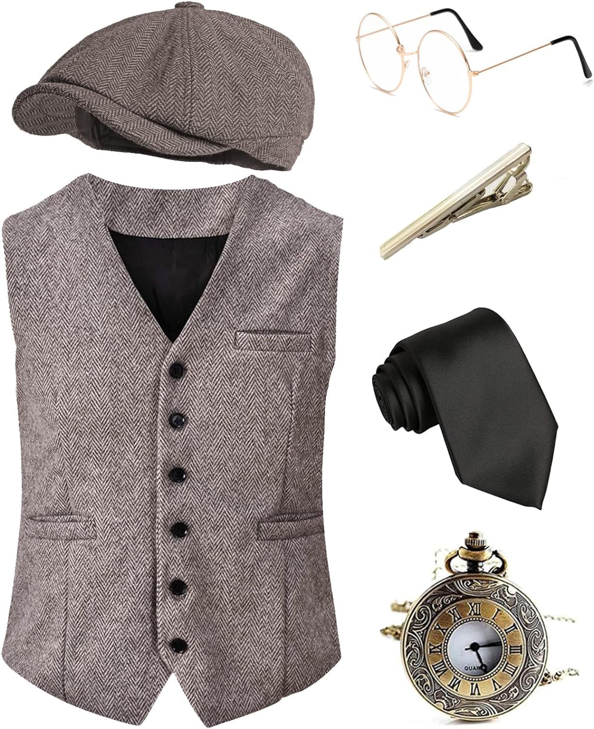 EFORLED Halloween 1920s Mens Costume Accessories Set,Great Gatsby Clothing,Roaring 20s Pocket Watch,Mafia Mobster Hat
