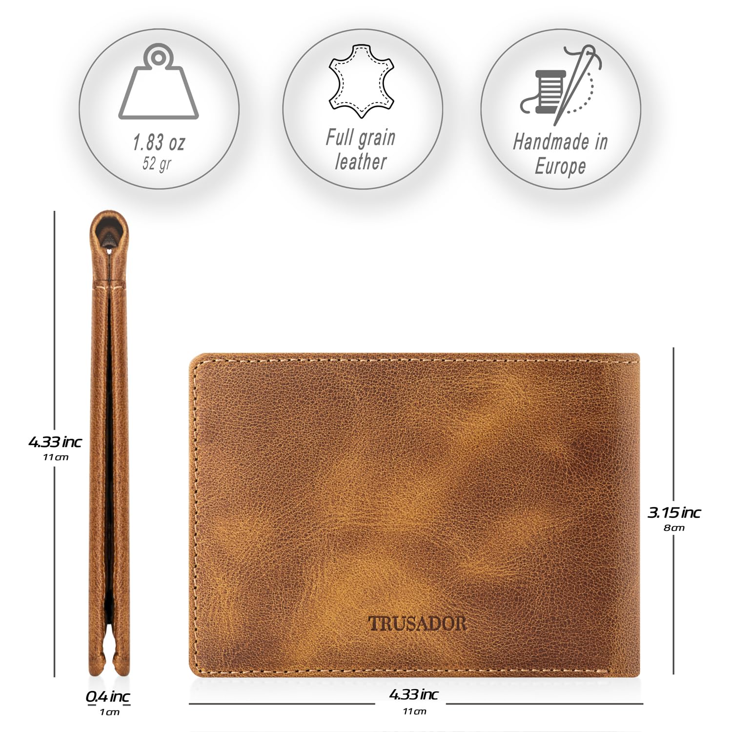 TRUSADOR Trento Wallet for Men Slim Credit Card Holder Slots Leather RFID Blocking Small Thin Men's Wallet Bifold Minimalist Front Pocket Gift Box (Cognac, Card Holder)