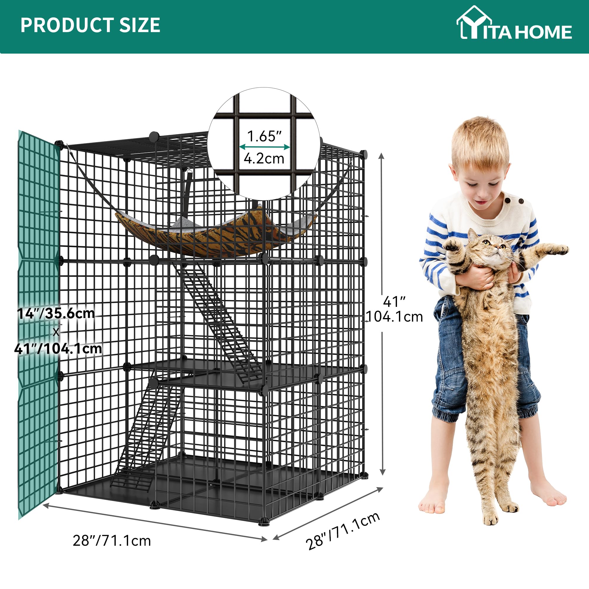 YITAHOME Gabbia per Gatti da Esterno/Interno, Recinto per Gatti con 3 Porte, 2 Scale, Box per Gatti in Metallo a 3 Livelli con Amaca, Gabbia per 1-2 Gatti, Chinchilla, Nero, 72x72x104 cm