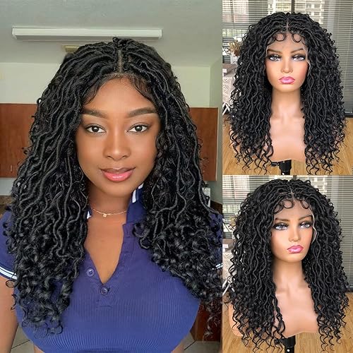 Goddess Faux Locs Wigs for Black Women 18Inch Full Lace Curly Synthetic Wigs with Baby Hair Bohemia Locs Twist Crochet Curls Braid Braided Wig(Black)