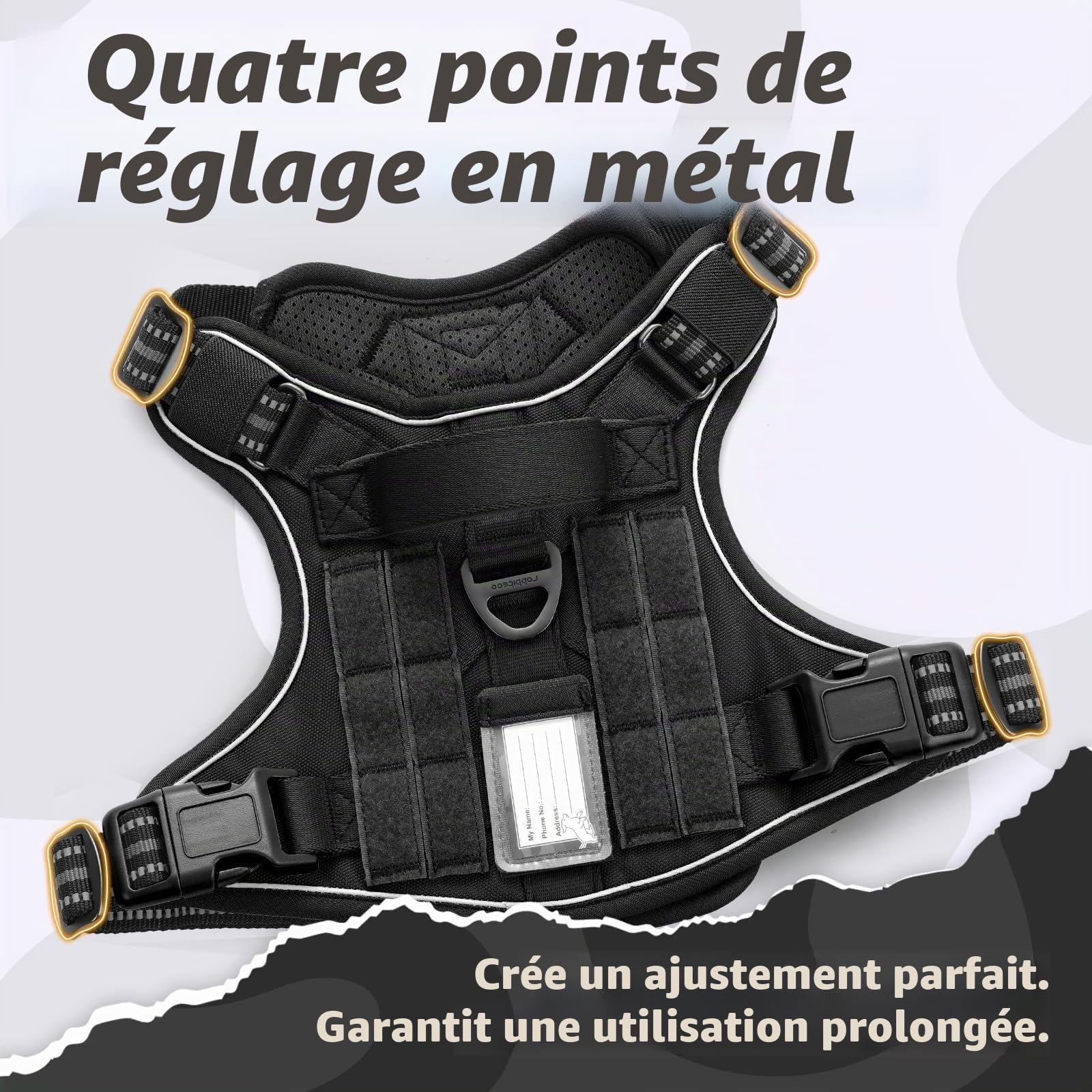 rabbitgoo Harnais Chien Anti Traction, Harnais Tactique Chien Réfléchissant Réglable avec Poignée et Anneaux, Gilet Solide Facile à Mettre, Harnais Chien Militaire pour Entraînement Chasse, Noir, L