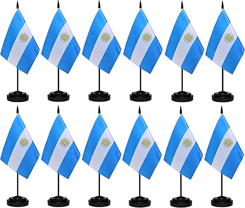 Juego de banderas argentinas de escritorio con poste negro de 13 pulgadas, base negra y parte superior de lanza, bandera de escritorio argentina de
