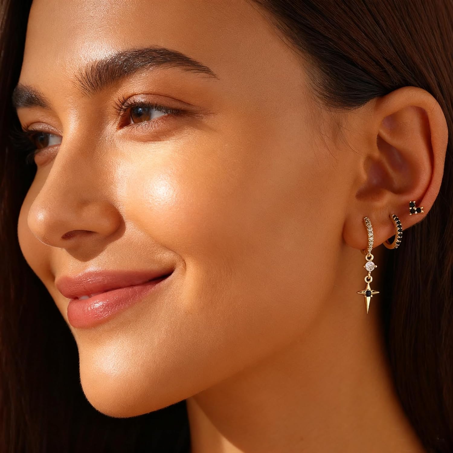 Gold Earrings for Women, 16K Gold Plated Cubic Zirconia Crystal Cartilage Stud Hoop Earrings Set, Dainty Huggie Earrings Stacks, Hypoallergenic Jewelry Gifts - Image 3