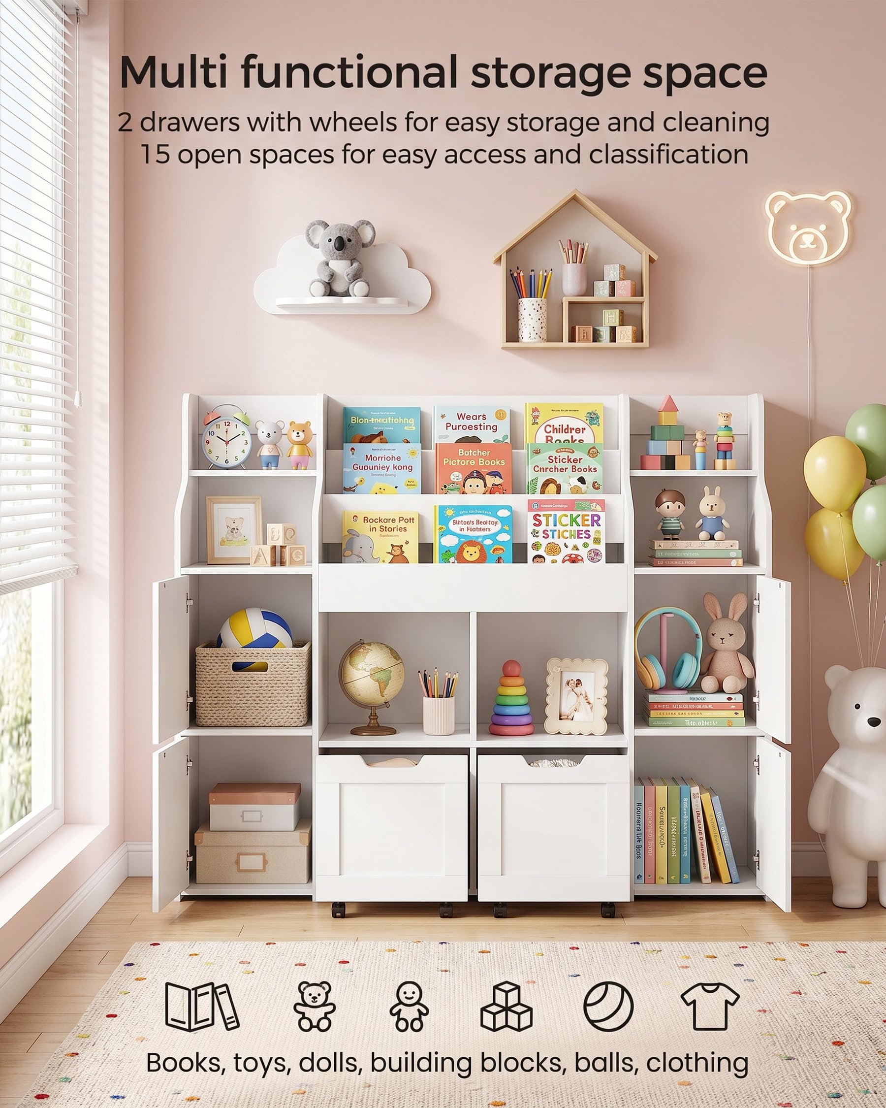 Bibliotheque Enfant avec 2 tiroirs, Blanche Etagere Livre Montessori pour Chambre, Meuble Rangement Jouet sur 8 roulettes, Fixation Murale Stable