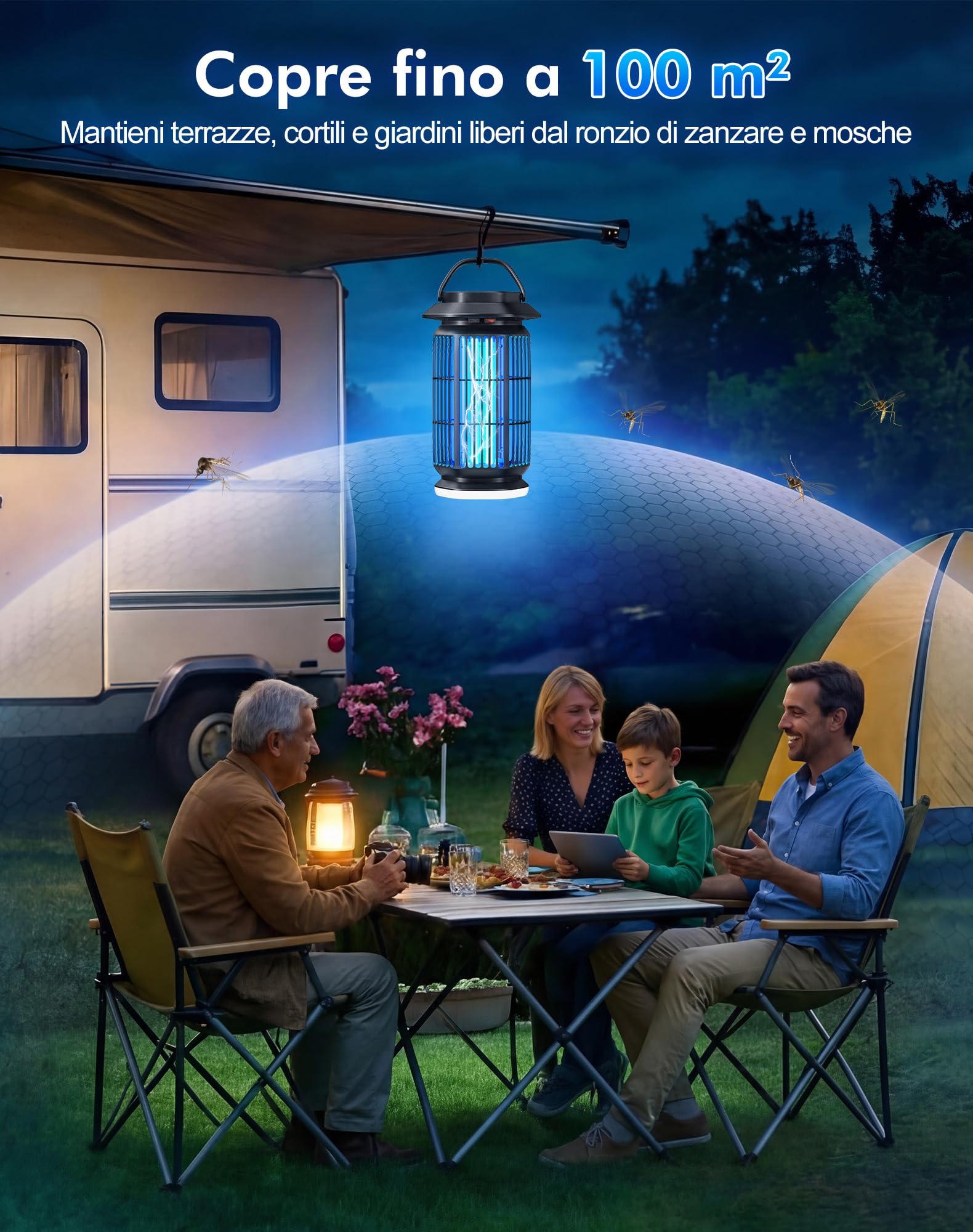 Lampada Antizanzare 4000V, Zanzariera Elettrica 18W con Luce Notturna, Impermeabile IPX4, Copertura Fino a 100 m², Ammazza Zanzare Elettrico Interno Esterno contro Zanzare, Mosche e Insetti