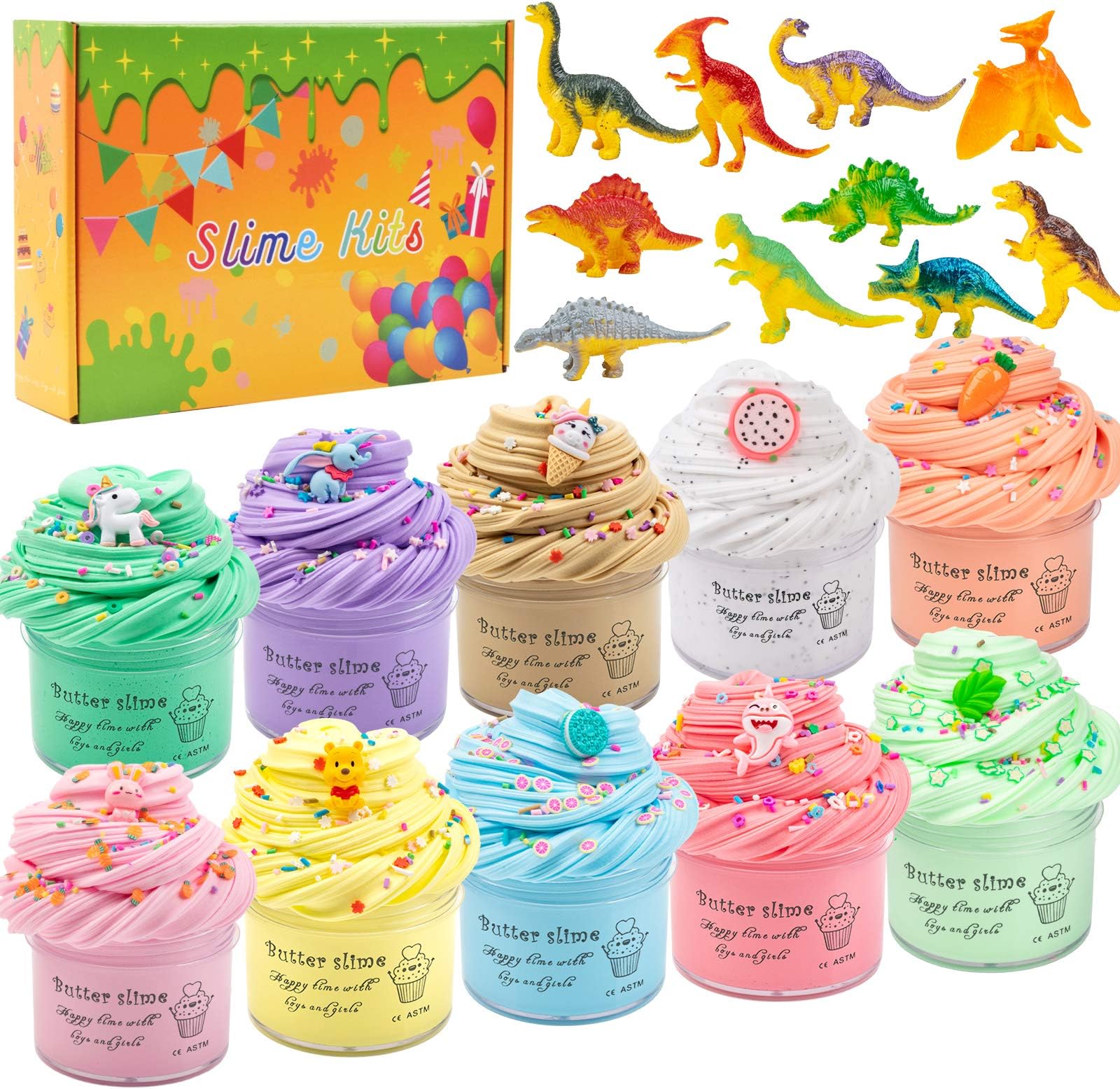 10 Pack Dinosaur Slime Kit for Girls Boys, Scented Butter Slimes with Oreo Mint Rabbit Ice Cream Shark Charms Ect. Super Soft Stretchy and Non-Sticky Slime Toy Favor…