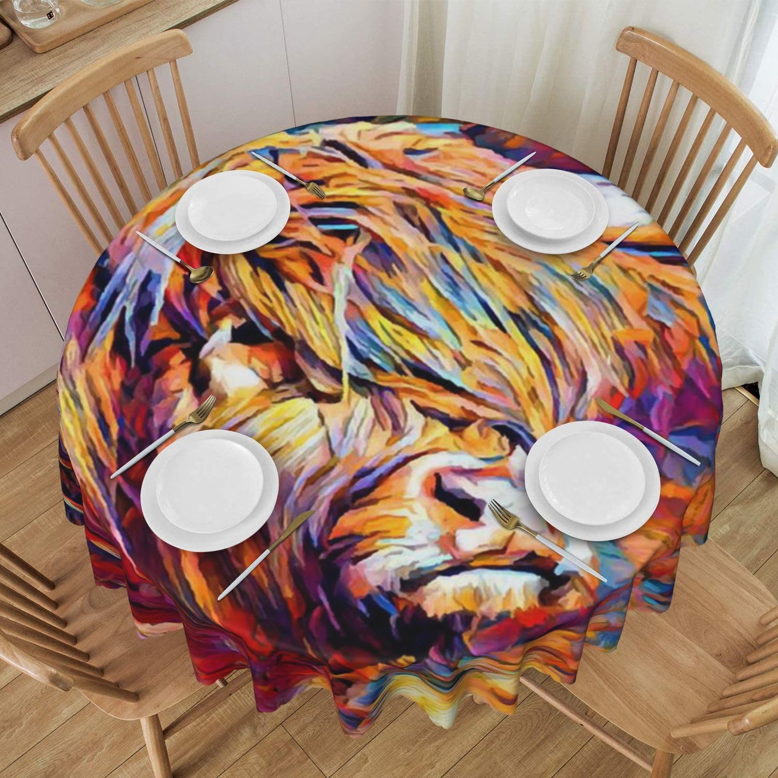 FLYIFE Highland Cow Printed Round Tablecloth 60 Inch - Water-Resistant, Wrinkle-Free, Perfect For Dining & Events