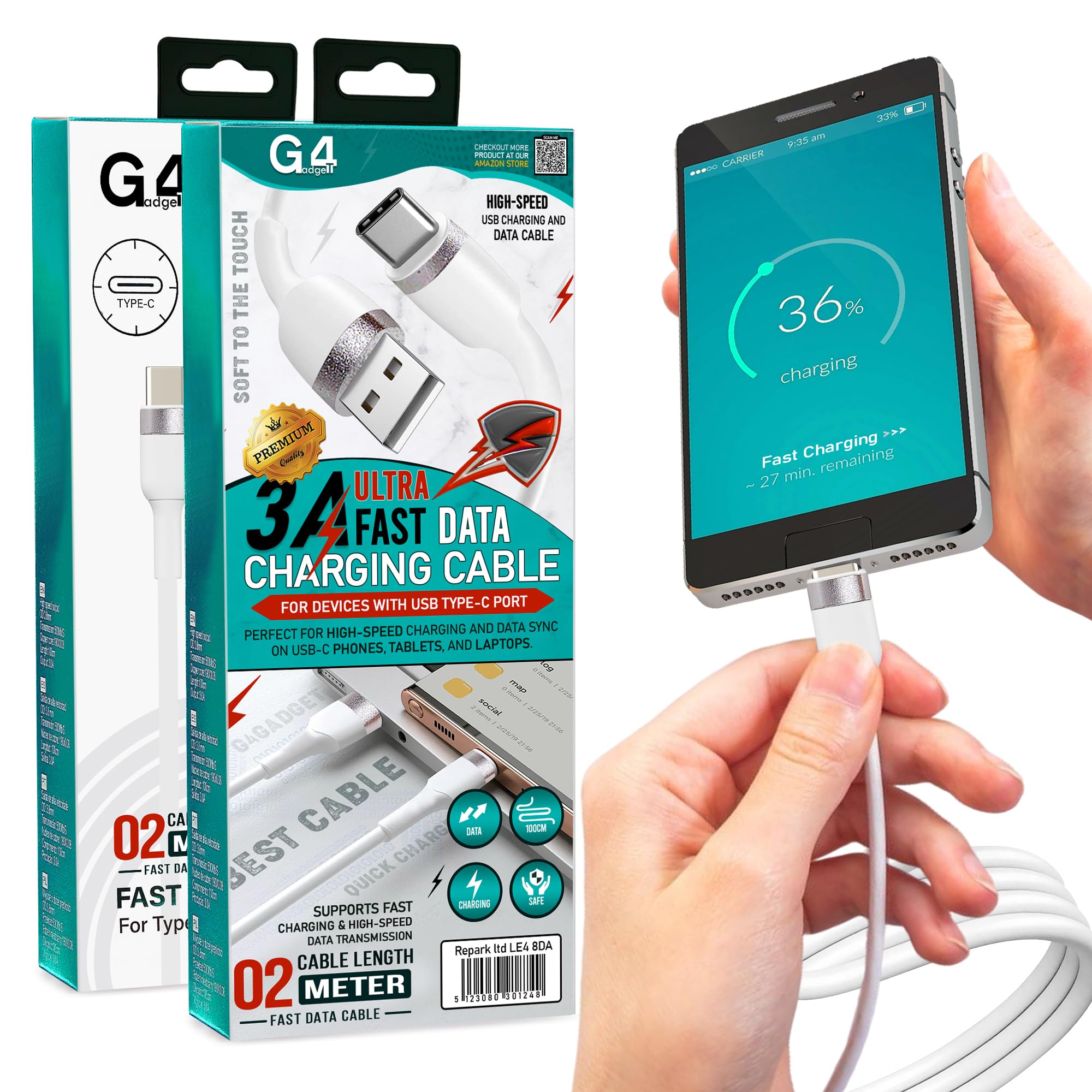G4GADGET USB A to USB C Cable [2-Pack, 2M Each, 60W 3A] Fast Charging Type-A to Type-C Charger Cable – Extra Long High Speed Sync Cord for Phone, Tablet, Power Bank – Durable USB A to C Wire