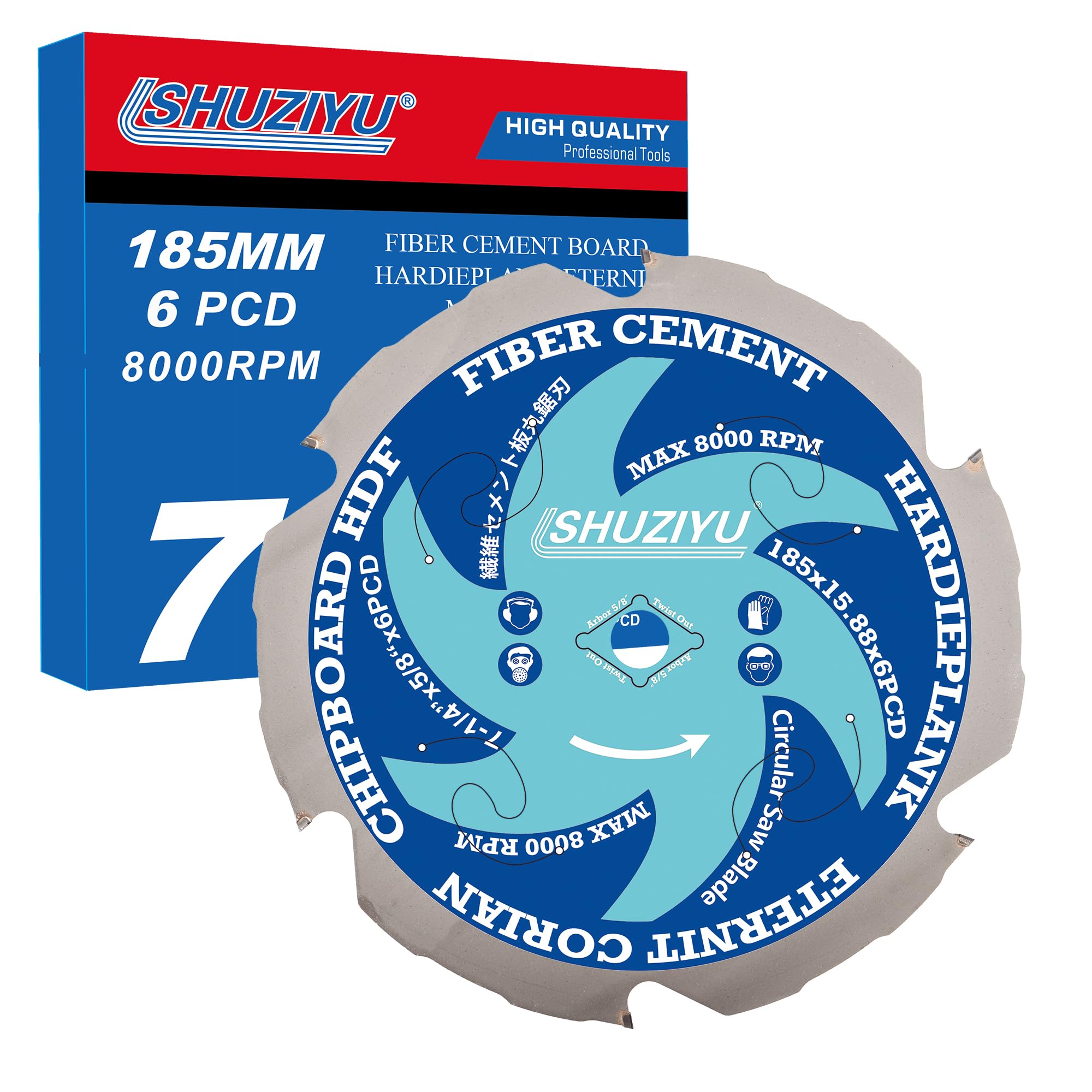SHUZIYU 7-1/4"(185mm)-6PCD, Arbor 5/8", Polycrystalline Diamond Tipped 6 PCD, Hardie Blade, Fiber Cement Circular Saw Blade