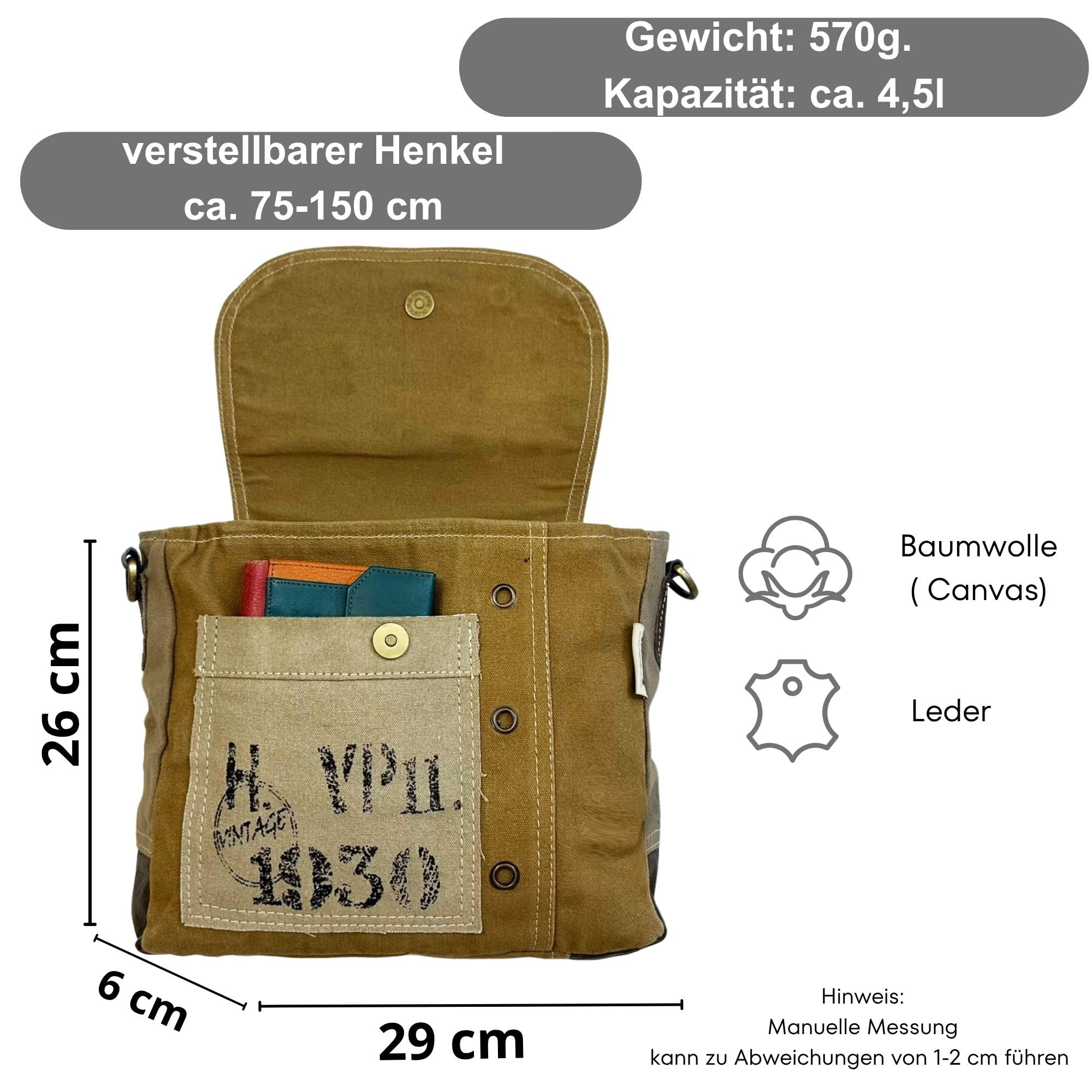 Sunsa Vintage Umhängetasche kleine Messengertasche aus Canvas & Leder braun