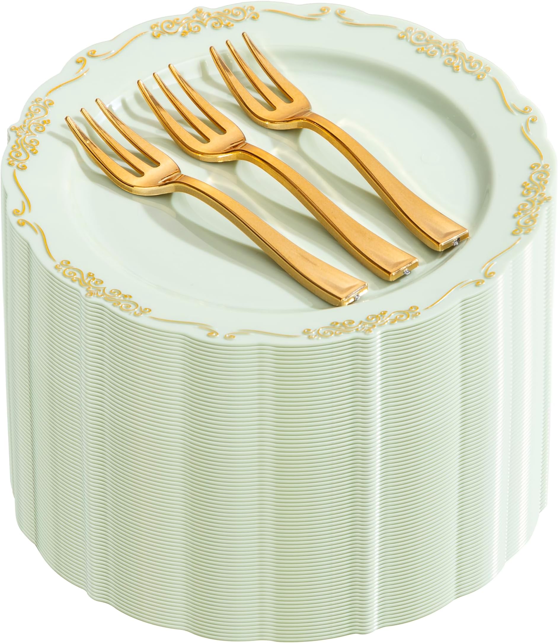 - LIYH 100 Pcs Light Green Gold Plastic Dessert Plates with 100 Pcs Gold Dessert Plates, Disposable Sage Green Salad Plates, Includes: 100 Appetizer Plate 7.5" & 100 Golden Cake Forks 5"