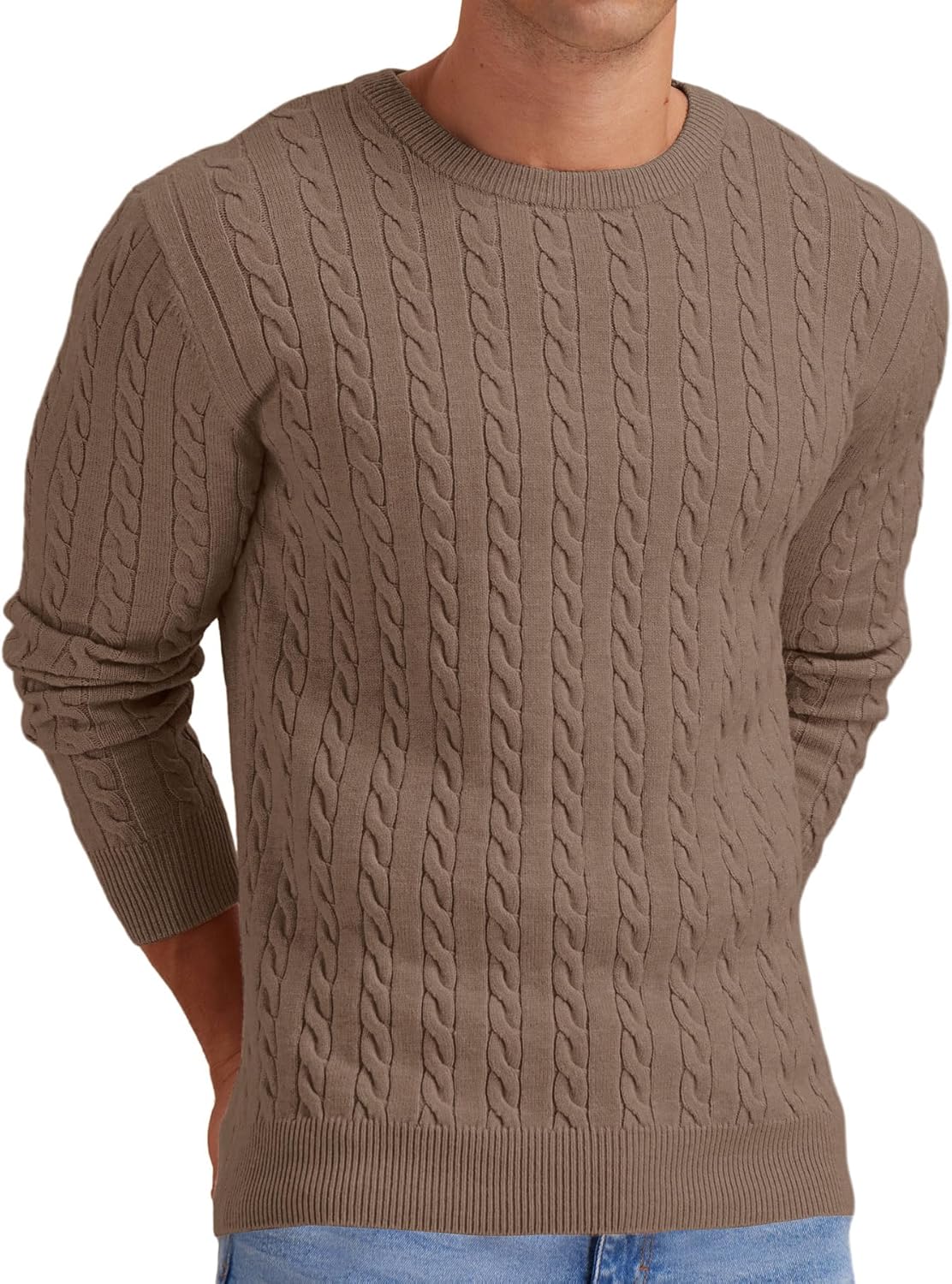 Askdeer Men's Pullover Sweater Crewneck Cable Knit Long Sleeve Sweater Classic Soft Knitted Sweaters with Ribbing Edge