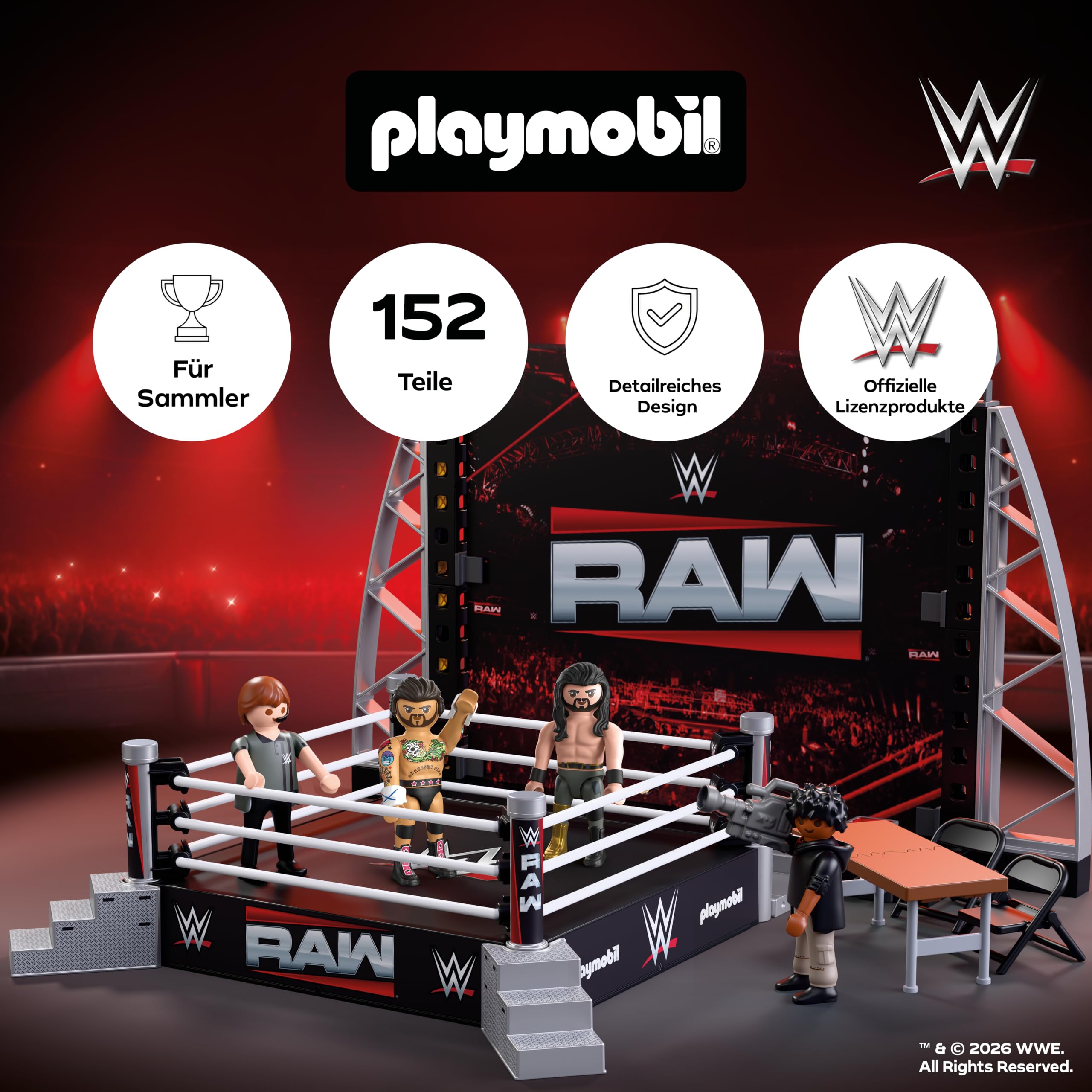 PLAYMOBIL | WWE® | RAW Ring Collectors Set | Wrestling‑Ring mit cm Punk, Seth Rollins, Ringrichter, Kameramann & Zubehör | Für Fans ab 5 Jahren | 71956