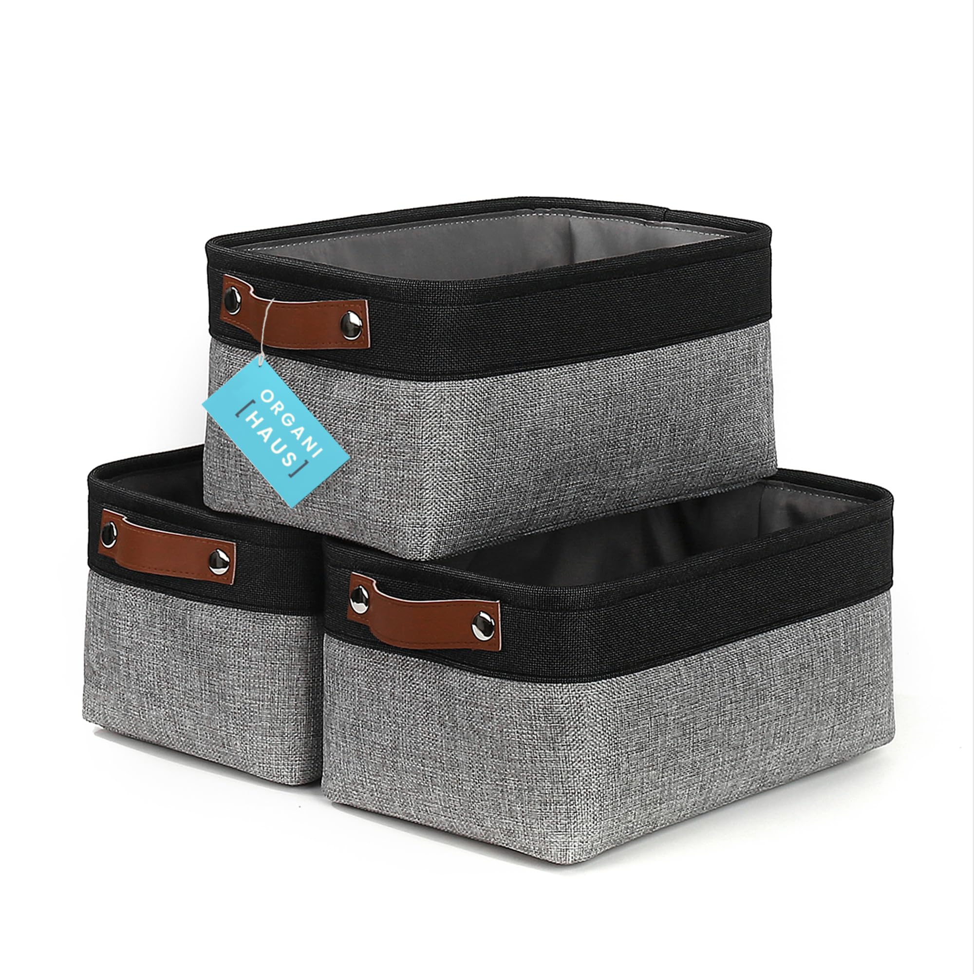 OrganiHaus Small Fabric Storage Baskets 3 Pack, 12x8in Cloth Storage Bins for Shelves, Small Baskets for Organizing Bathroom Pantry Closet, Canvas