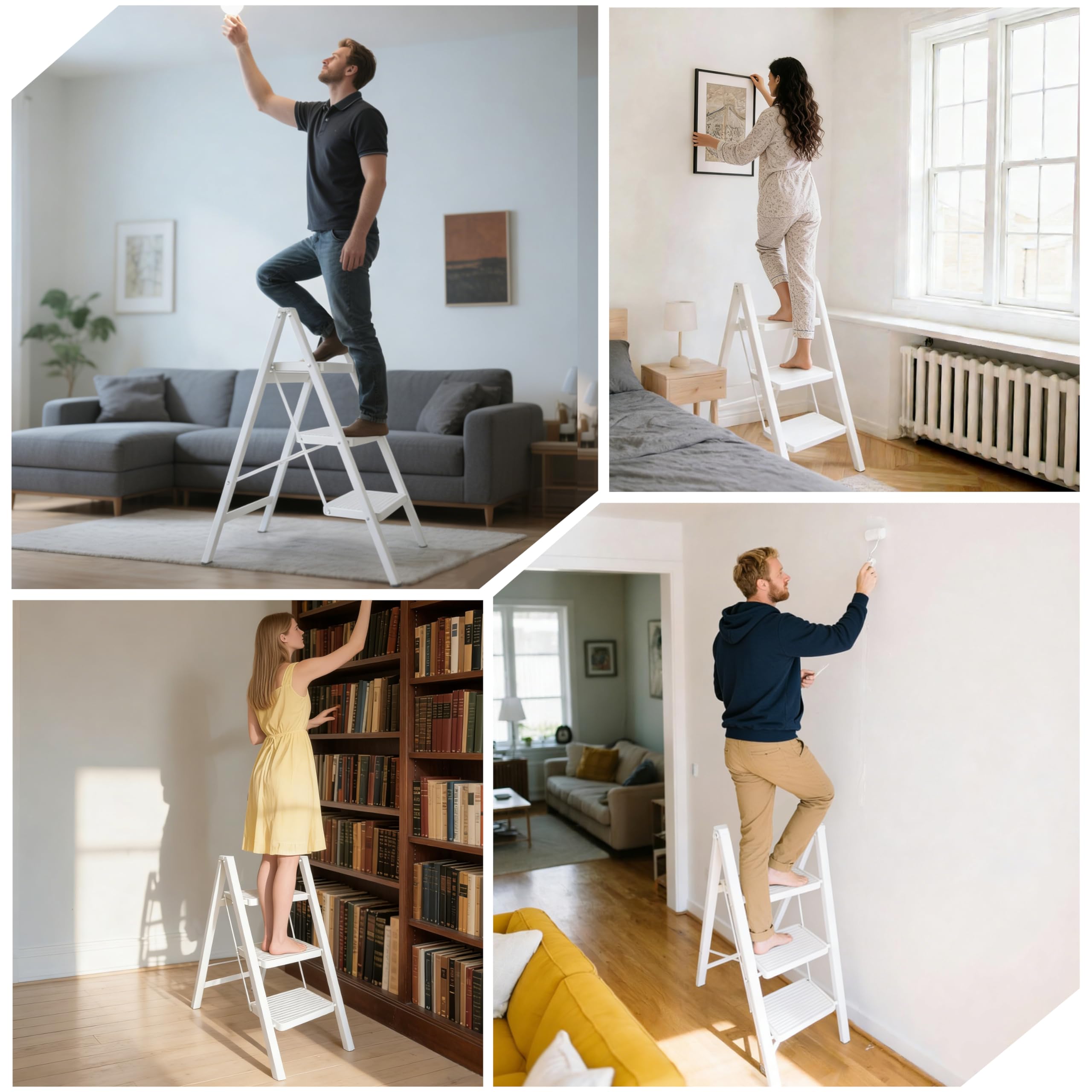 Scaletta Pieghevole 3 Gradini, Portatile e Leggera Sgabello Stabile Leggero con Pedali Antiscivolo per Casa, Cucina, Bagno, Campeggio, Portatile fino a 150 kg (Bianco)