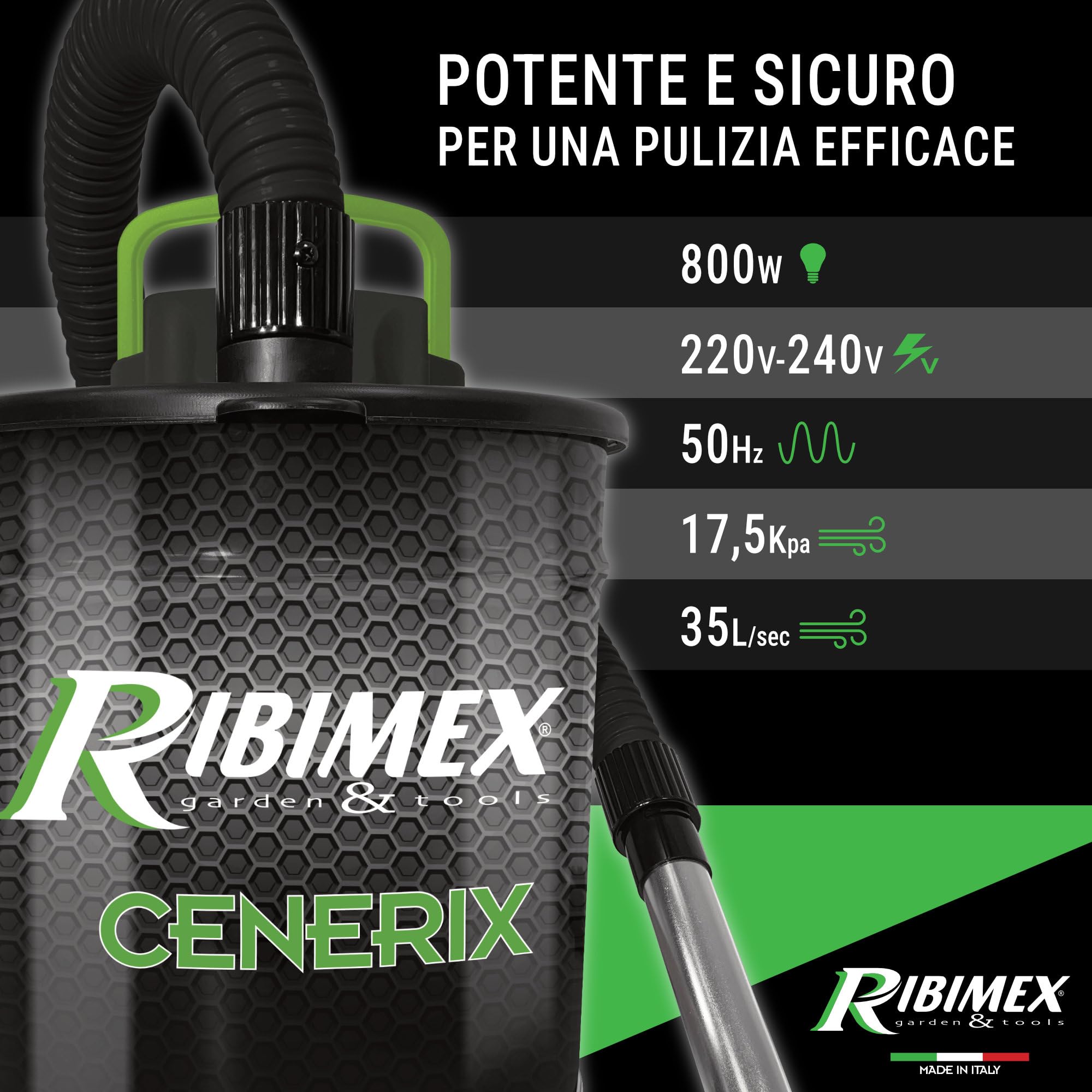 Ribimex Aspiracenere Elettrico Cenerix, con Funzione Soffiante e Filtro HEPA Lavabile, Bidone da 18 L, Potenza 800 W, Ideale per Aspirare Ceneri Fredde da Stufe, Caminetti e Barbecue - PRCEN003/800