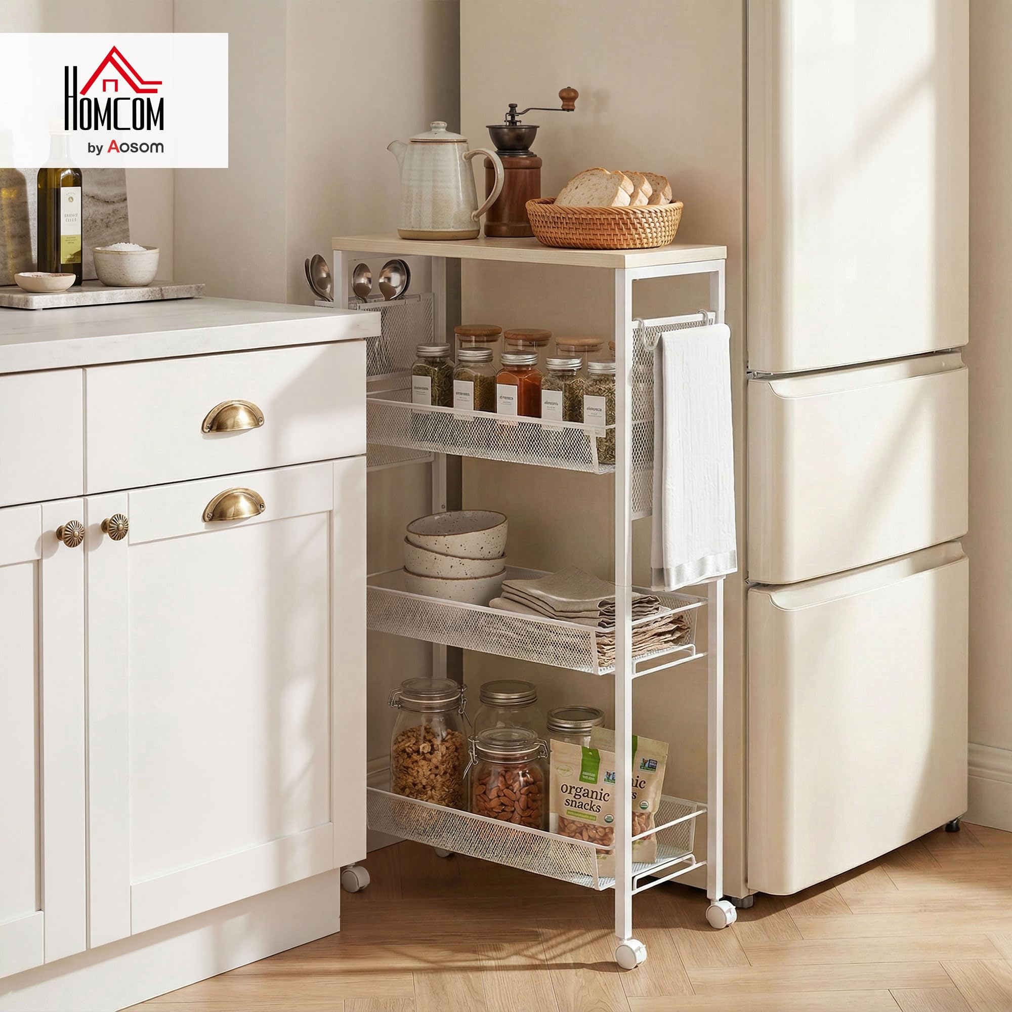 HOMCOM Desserte de Cuisine à roulettes Acier 58 x 18,5 x 87 cm Blanc | Chariot de Rangement, 3 Panier, 1 Panier Suspendu et Crochets, Chariot de Cuisine et Salle à Manger