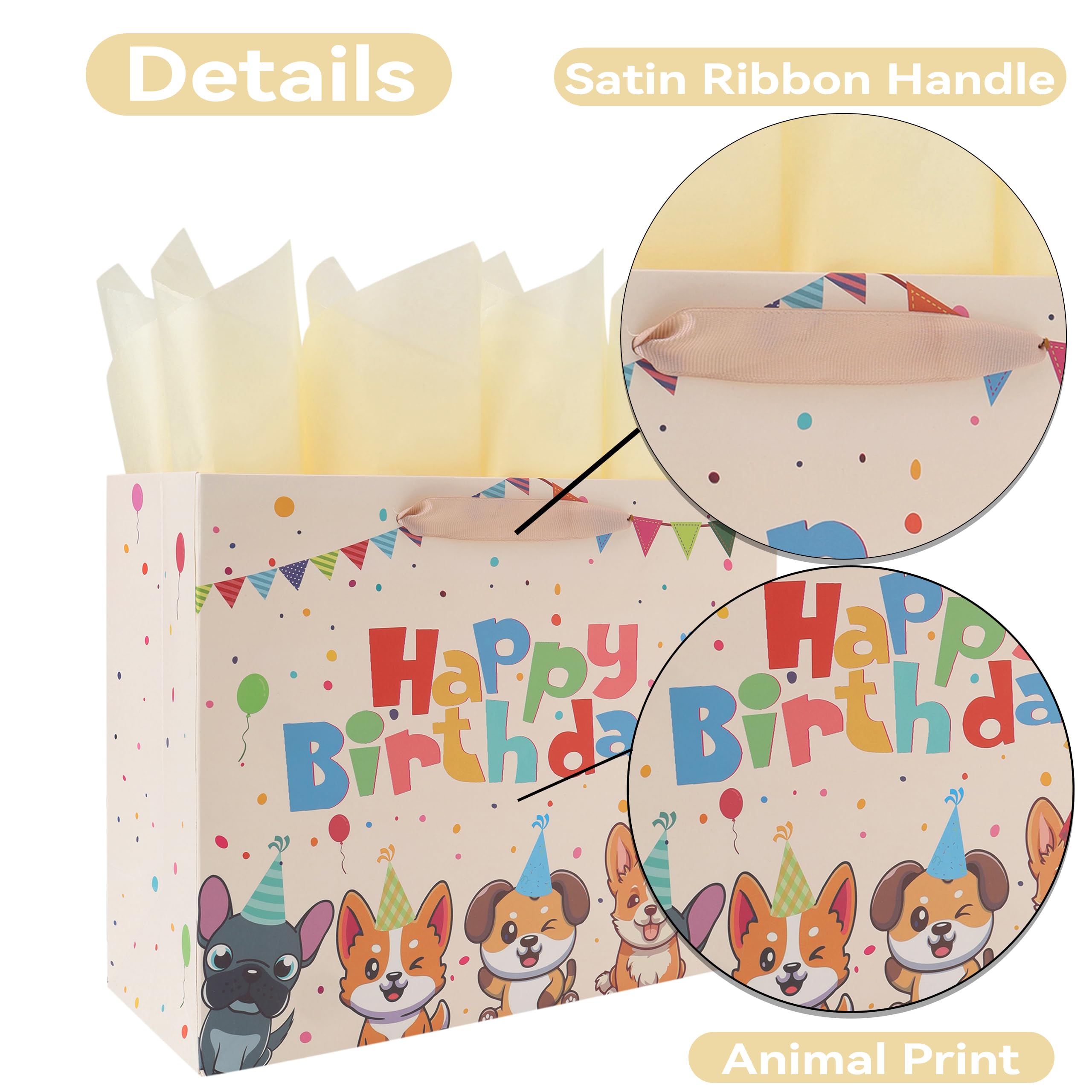 wishinside 13” Large Dog Happy Birthday Gift Bag Set with Handles, Greeting Card, Tissue Papers and Stickers for Girl Boy Kid Women Men, Cream Puppy Design, 1 Pcs