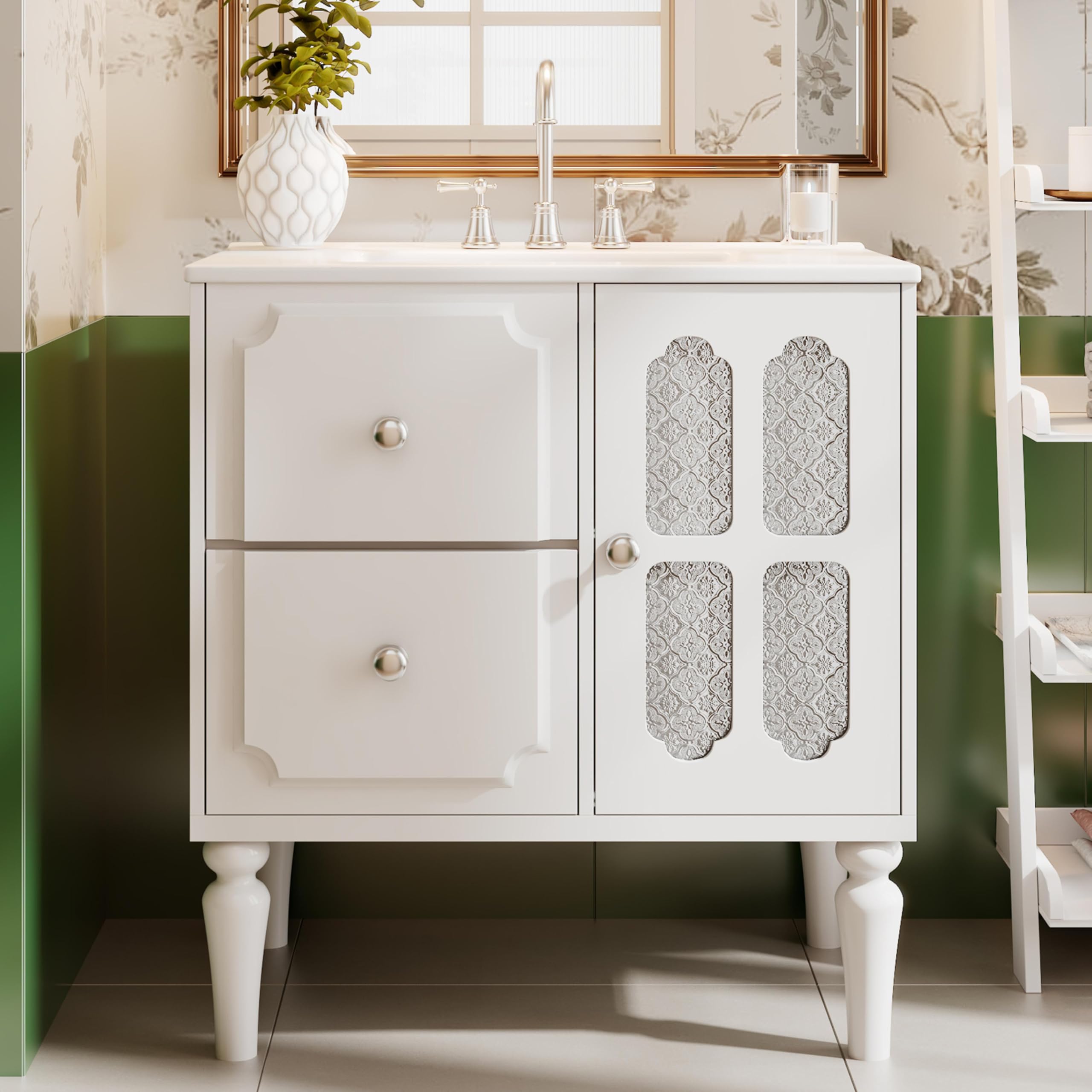 Lunanniu 30 Inch Bathroom Vanity Ceramic Sink Combo Set Freestanding Tilt-Out Drawer Single Top Cabinet MDF Solid Wood Frame Bathroom Storage Vintage Glass Door Bathroom Furniture White