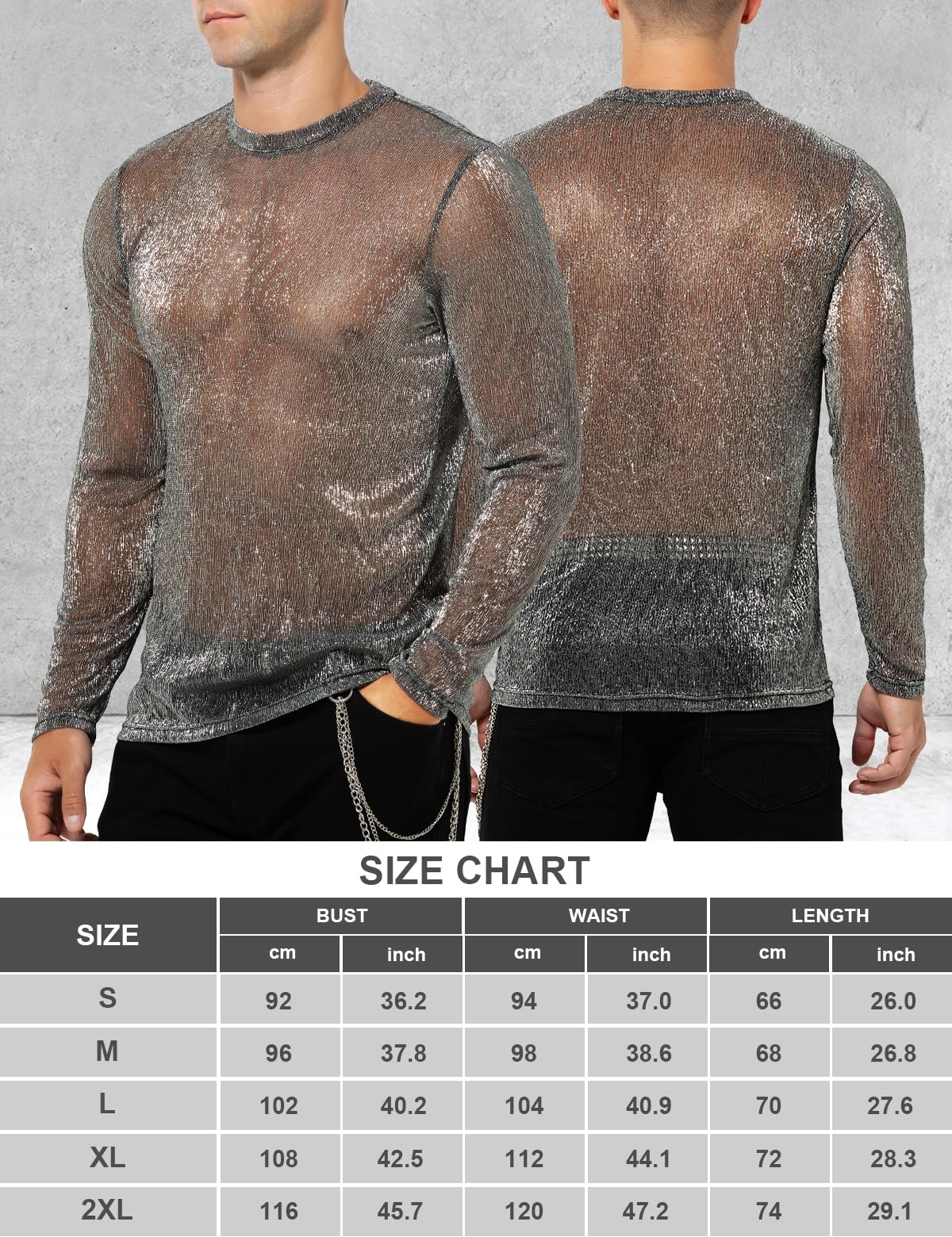 Casey Kevin Camiseta Transparentes Manga Larga Hombre Brillo Lentejuelas Rejilla Camisa Fiesta Plateada Brillante Ropa Sexy Top Fiesta Discoteca Punk Nocturno Jazz Rock Hip Hop Dance Clubwear
