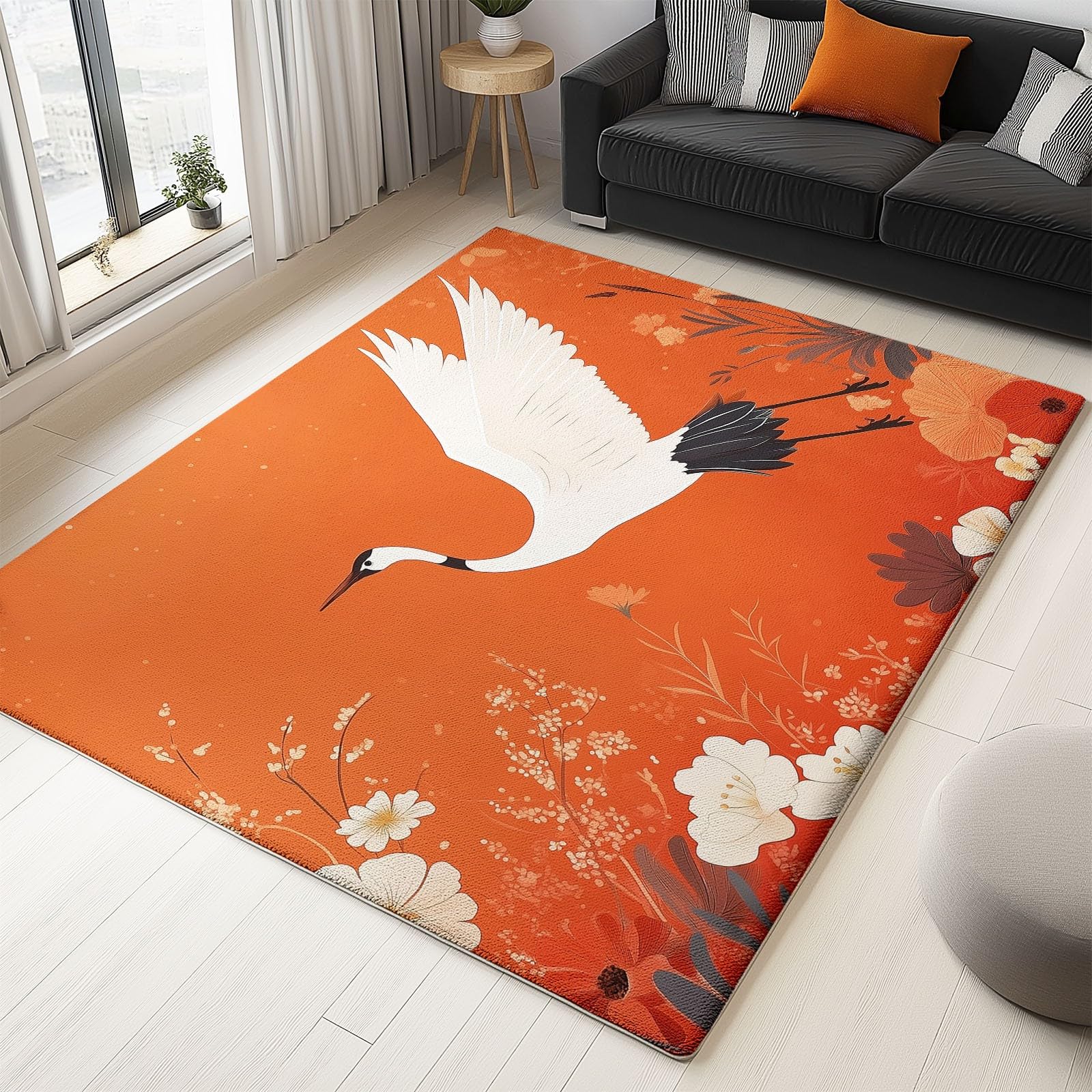 Dywan do salonu z krótkim włosiem Ptaki Prosty i elegancki zmywalny design, dywaniki antypoślizgowe w różnych rozmiarach, dywaniki do salonu sypialni 120 x 180 cm, pomarańczowy biały