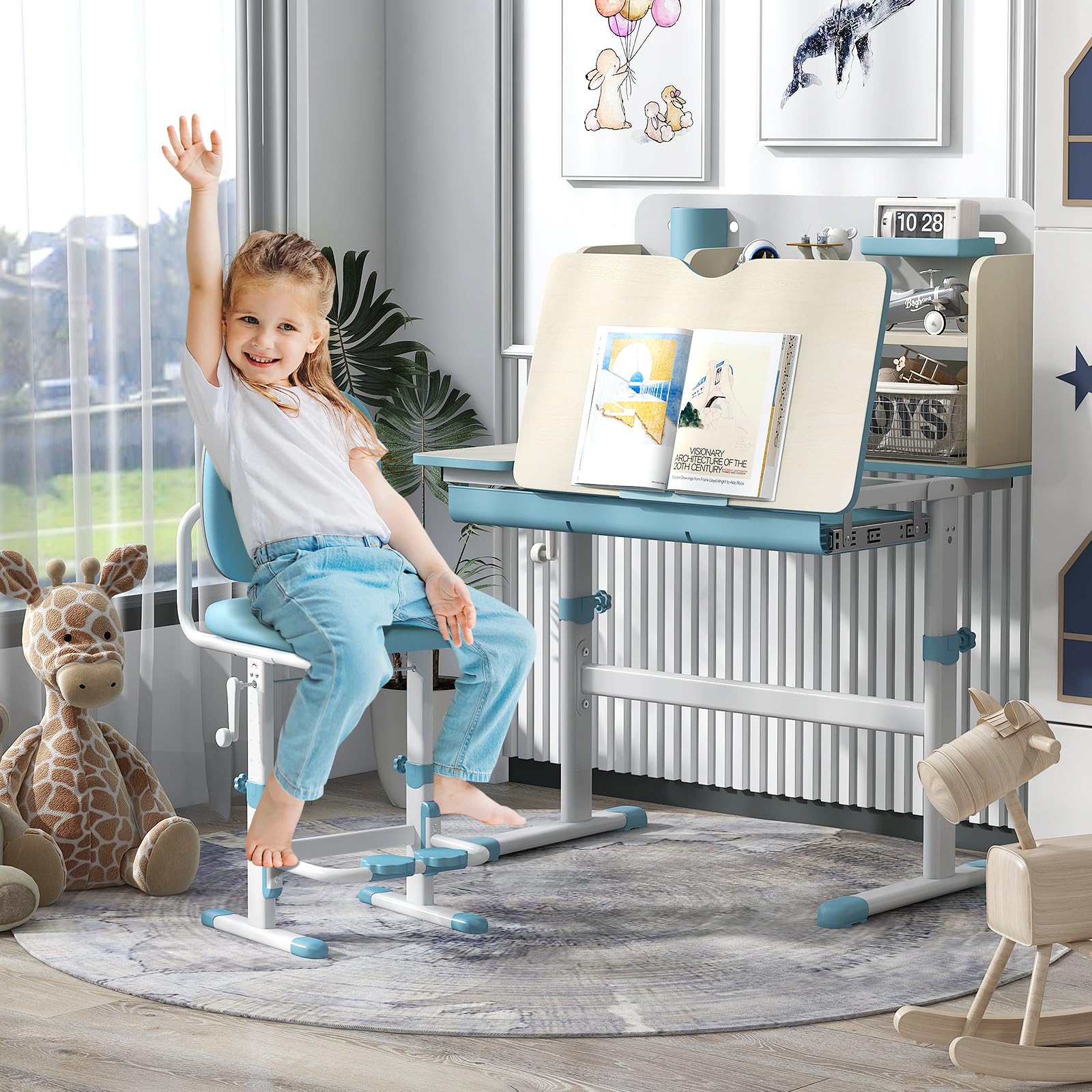 GOPLUS Escritorio de Estudio Infantil Multifuncional con Escritorio Inclinable, Mesa de Estudio para Niños Altura Ajustable, Cajón Extraíble, Soporte para Libros, para Niños de 3-12 Años (Azul)