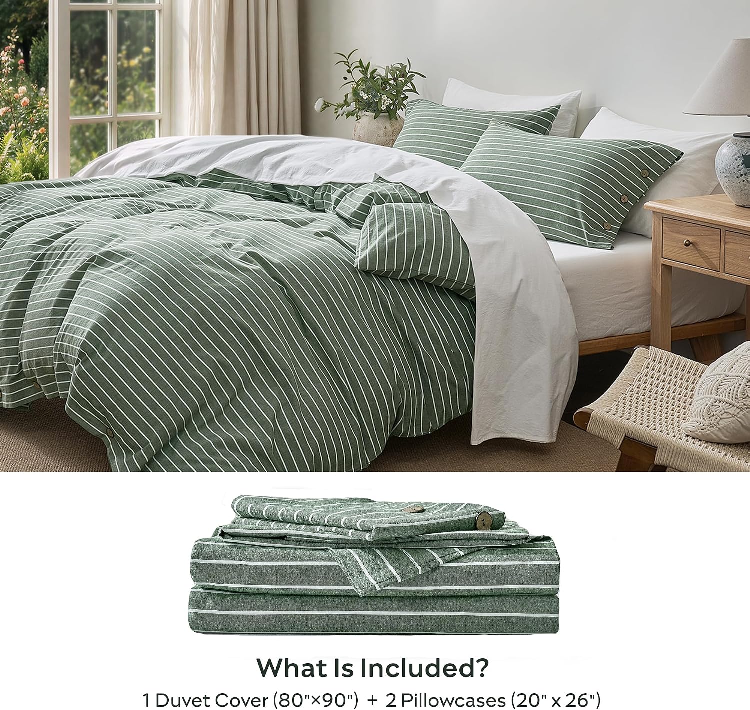 JELLYMONI 100% Washed Cotton Forest Green Striped Duvet Cover Set Full image 3