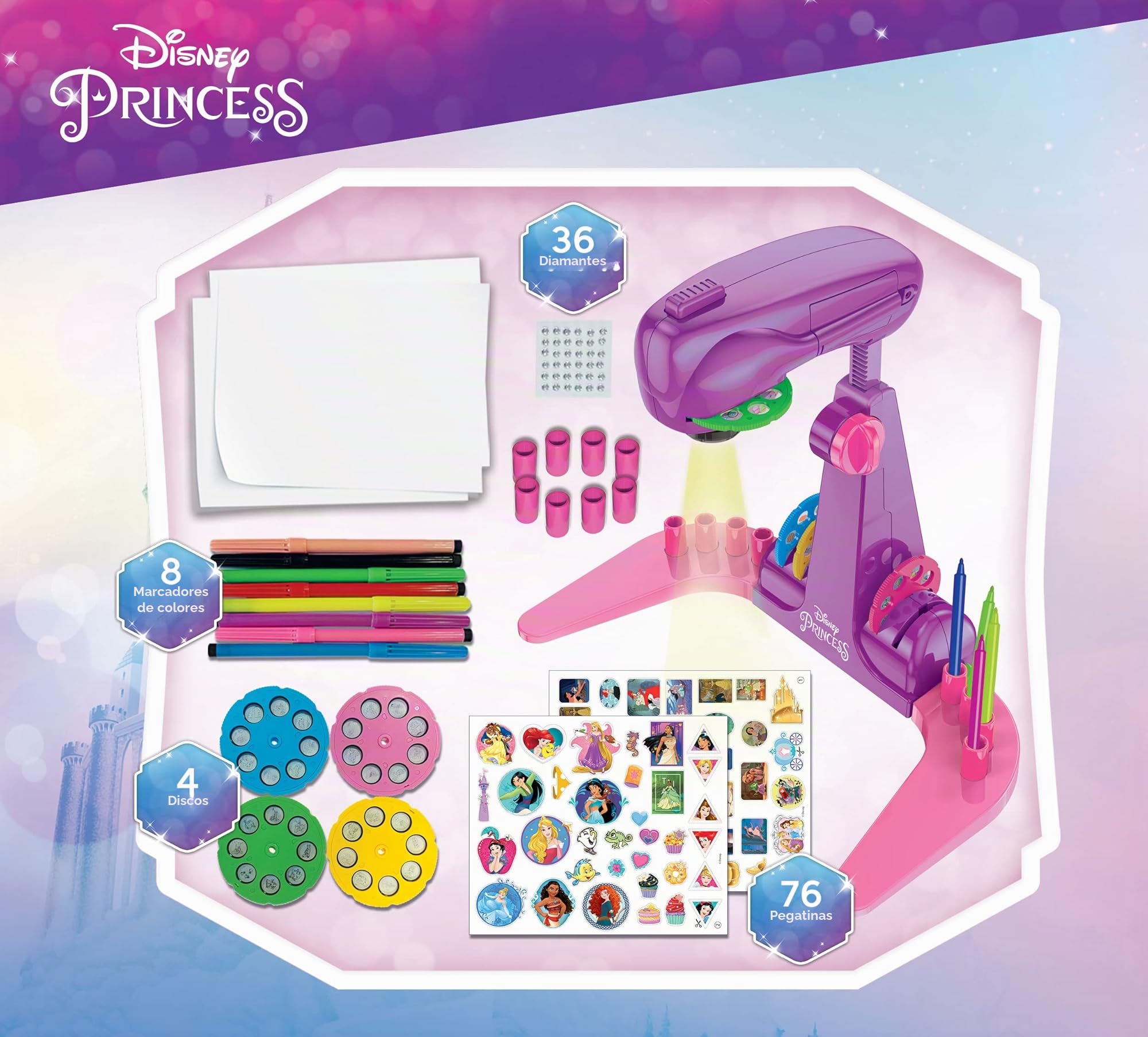Lisciani Giochi - Escuela de dibujo con proyector de PRINCESAS DISNEY - Para niños a partir de 3 años - Aprende a dibujar con modelos proyectados - Incluye modelos, papel y lápices - Juego creativo