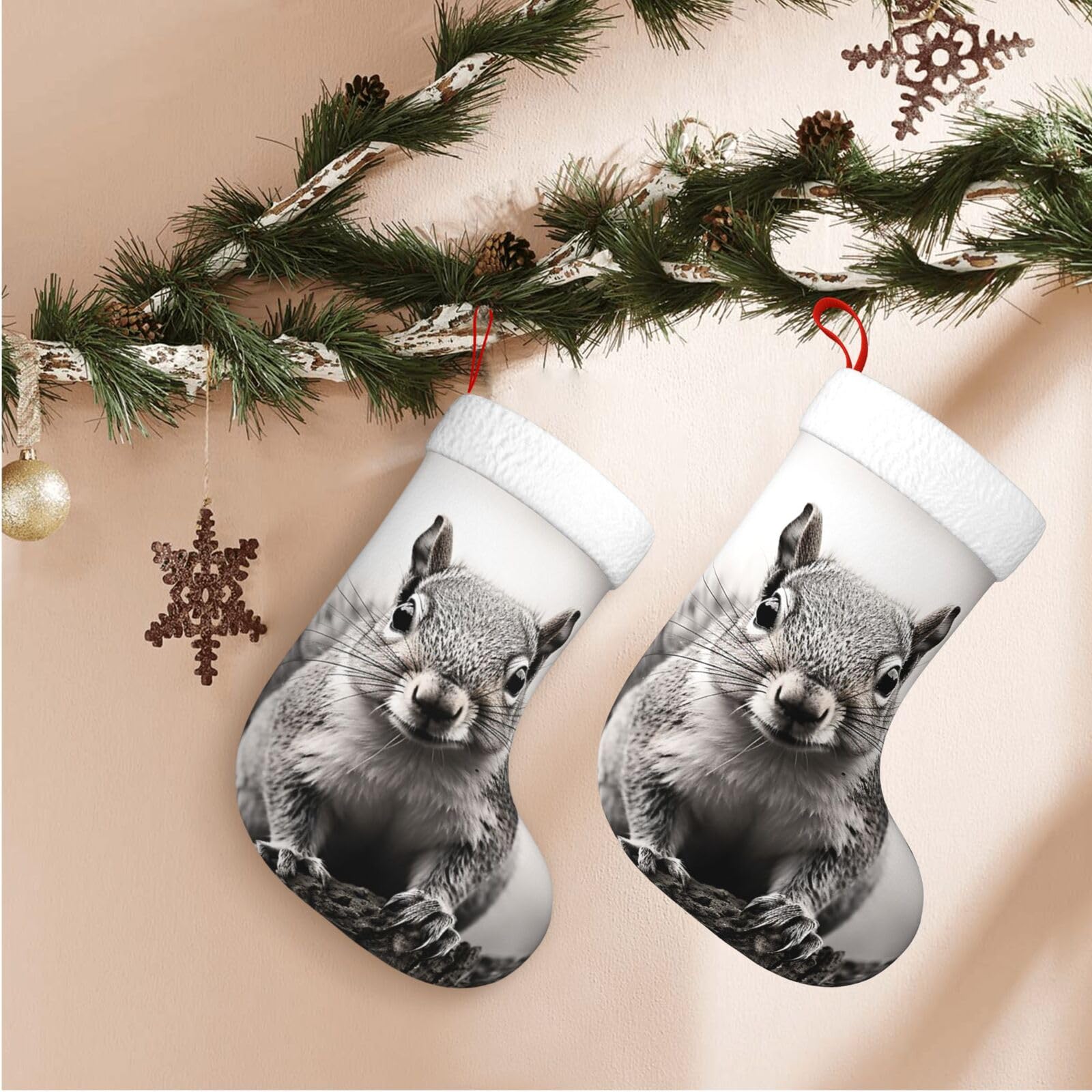 17.7" Christmas Stocking 1 Piece, Light Gray Squirrel Xmas Stockings with White Plush Cuff Fireplace Hanging Stocking for Christmas Holiday Party Decoration