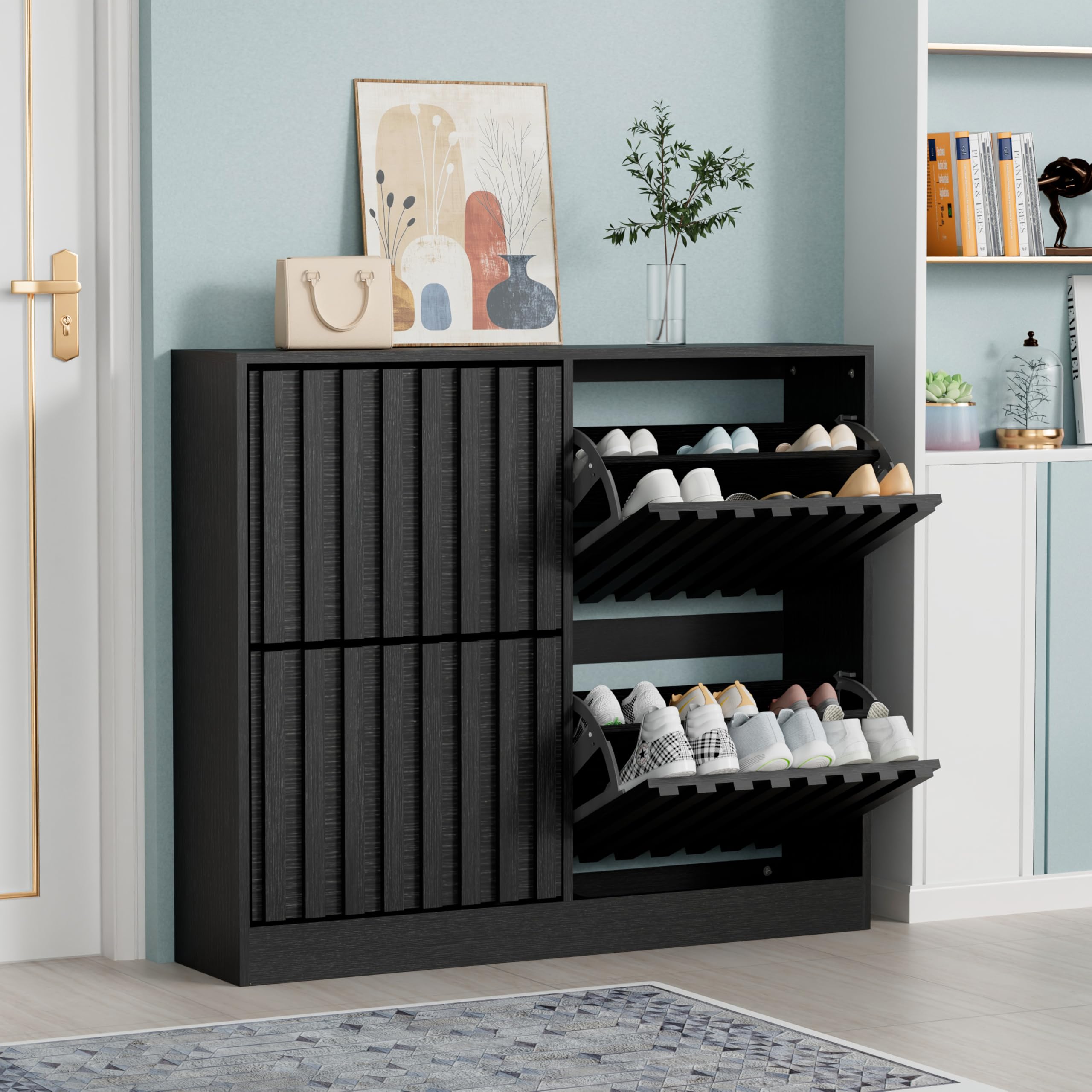 UEV Schuhschrank mit 4 Klappen Holz Schmal Schuhkipper Schuhkommode mit Kippschutz, Schuhaufbewahrung, Flurkommode Schuhregal Flur, Verstellbare Trennwände für Verschiedene Schuhtypen Schwarz