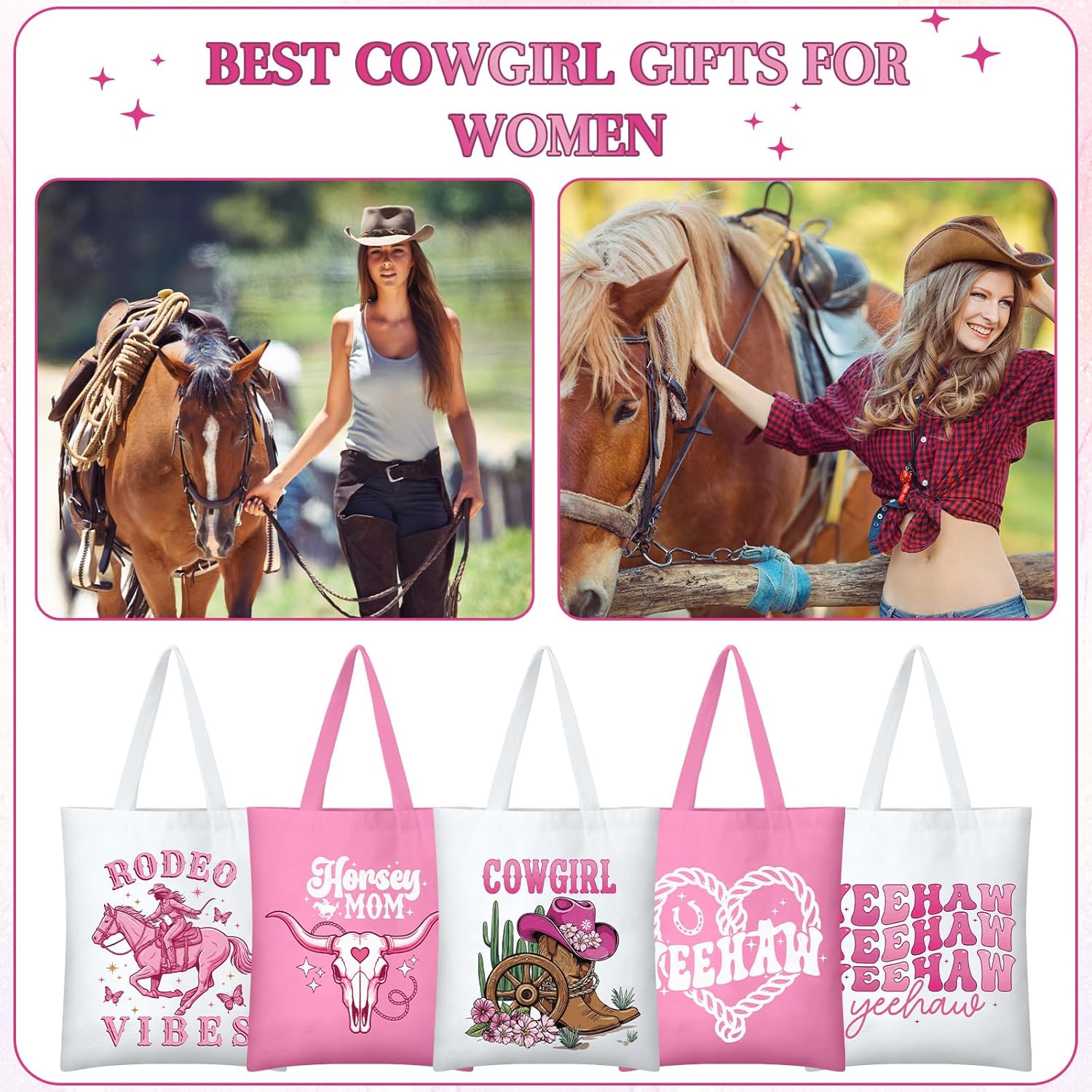 Sadnyy 12 Pcs Western Pink Cowgirl Canvas Tote Bags Bulk Teacher Gifts for Women Western Party Favors Cute Coquette Bag with Zippers Cowgirls Accessories for Women Birthday Stuff Supplies