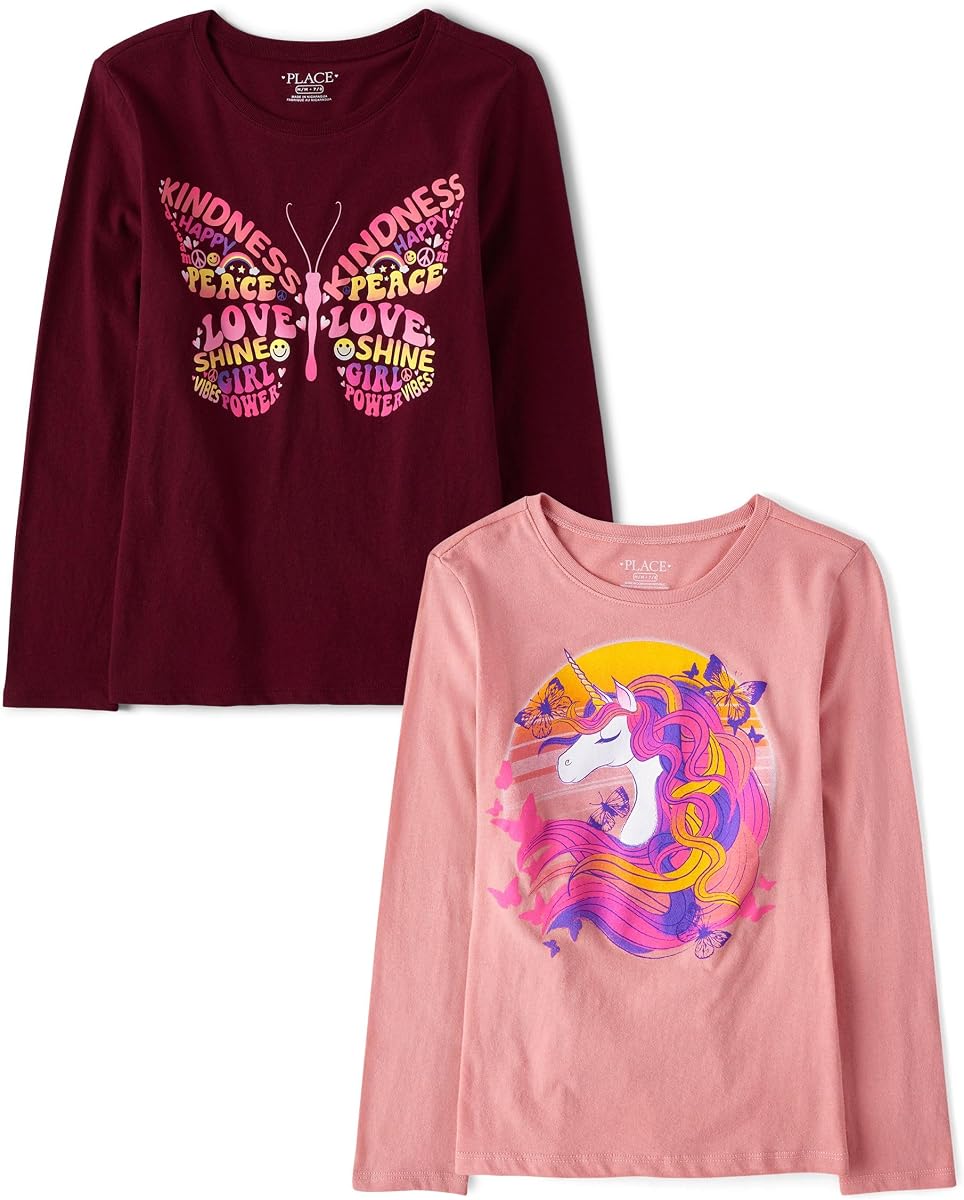 Camisetas gráficas de manga larga con unicornios,deportes y mariposas para niña de The Children's Place, paquete de 2