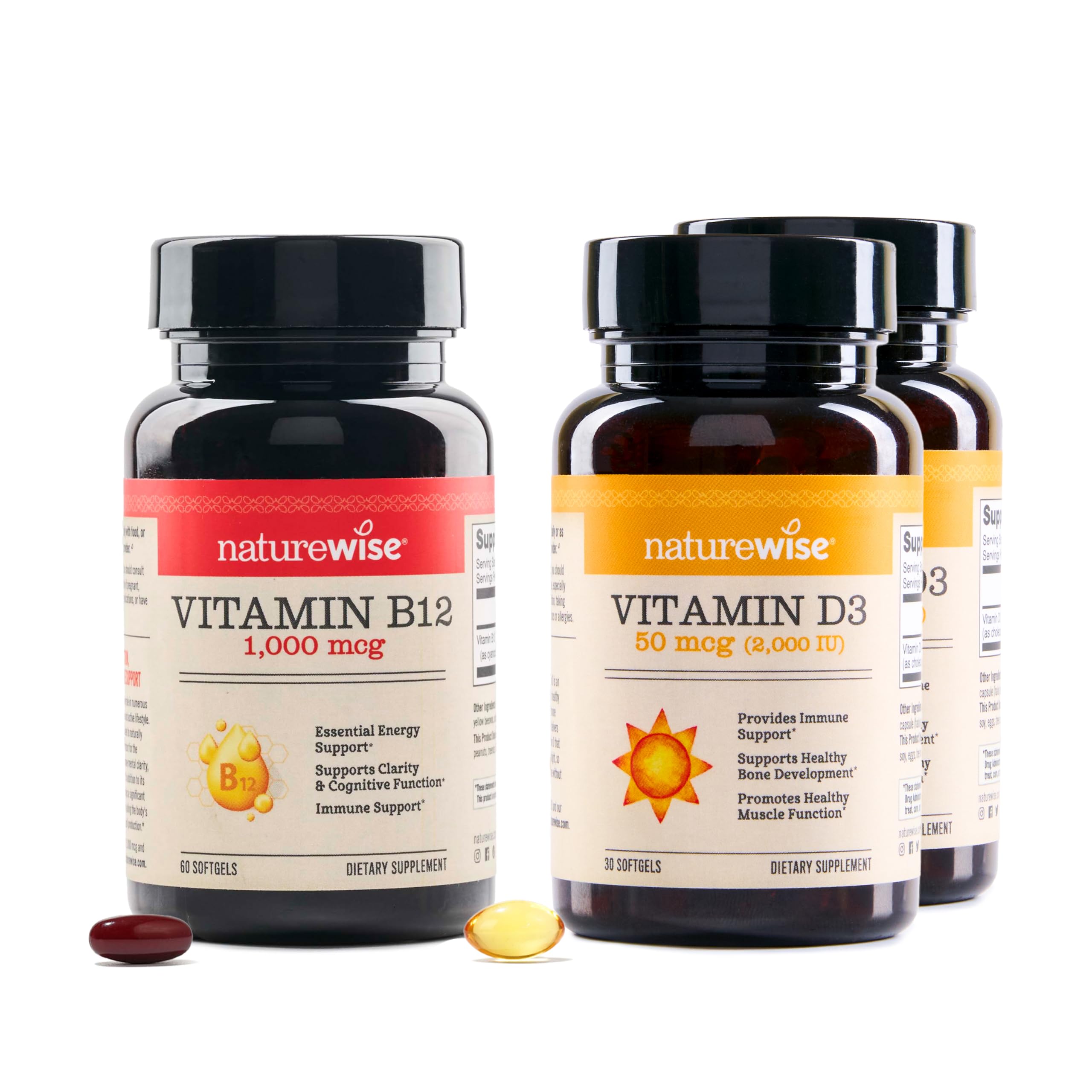 NatureWise [1] Vitamin B12 1000 mcg - Gluten-Free, Non-GMO - 60 Softgels[60-Day Supply] + (Pack of 2) Vitamin D3 2000iu + Organic Olive Oil 30 Mini Softgels [30