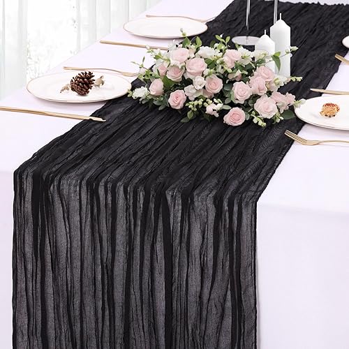 Camino de mesa de estopilla negro de 10 pies, rústico, transparente, gasa, caminos de mesa de 120 pulgadas, bohemio, tela de queso para decoración