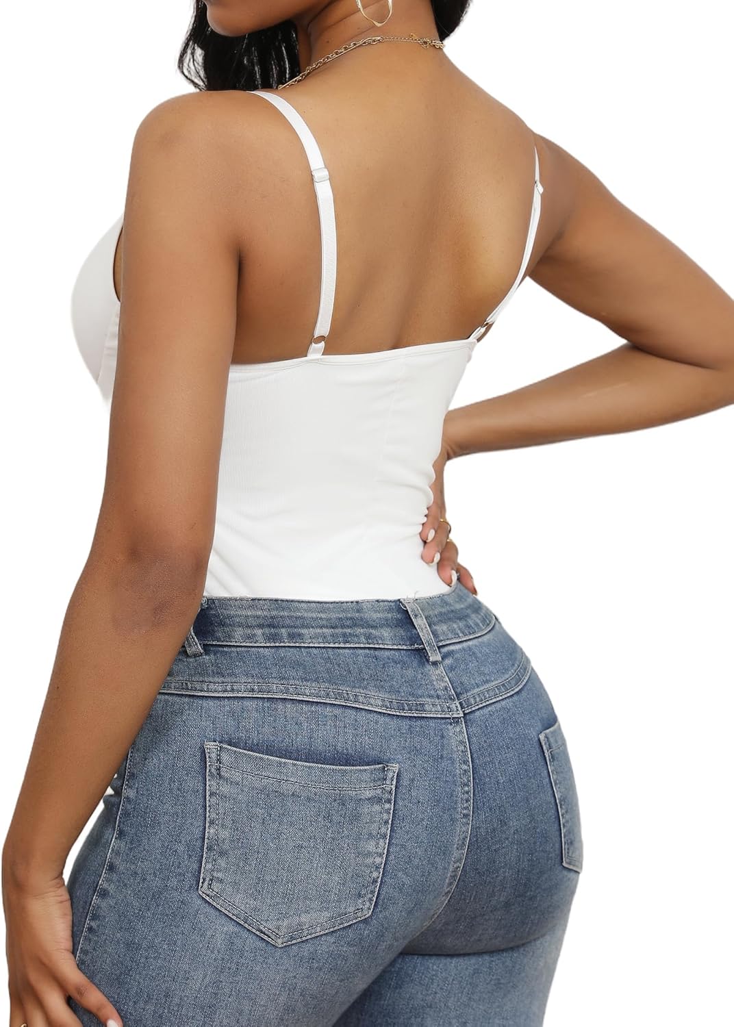 Hilinker Women's V Neck Spaghetti Strap Bodysuit Sexy Sleeveless Camisole Bustier Top - Image 3