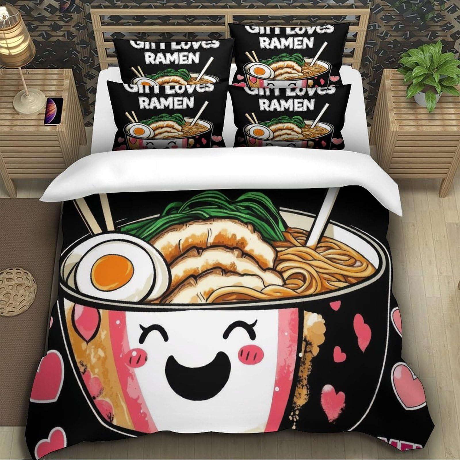 3D Druck Lustige Ramen Illustration Bettbezug Mikrofaser Schlafzimmerdeko Cartoon Nudeln Bettwäsche Set Hautfreundlich Atmungsaktiv für Erwachsene Jugendliche King（220x240cm）