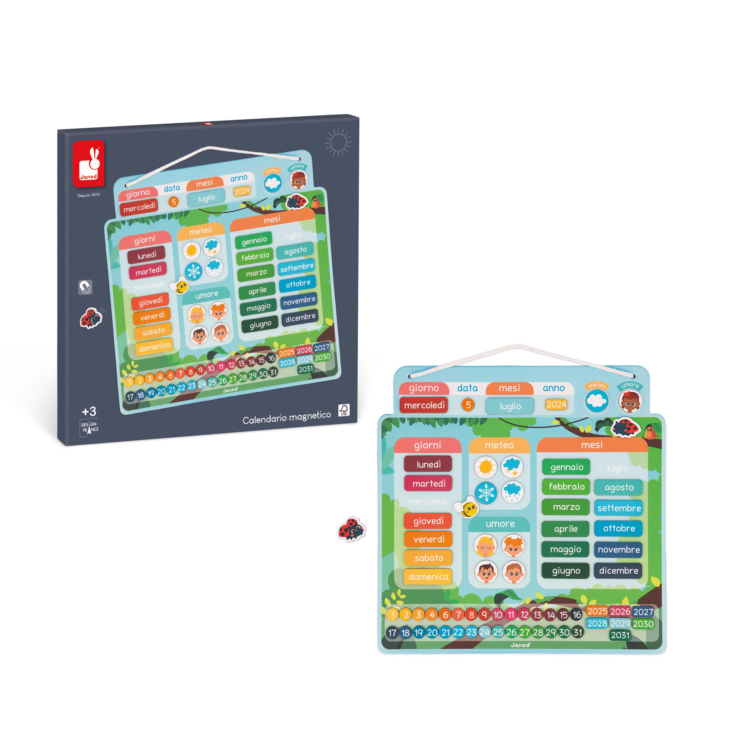 Janod - Calendario Magnetico Versione Italiana - 71 Calamite - Gioco Educativo - Comprendere la Nozione di Tempo e Acquisire Autonomia - Giocattolo in Cartone FSC - dai 3 Anni - J05467