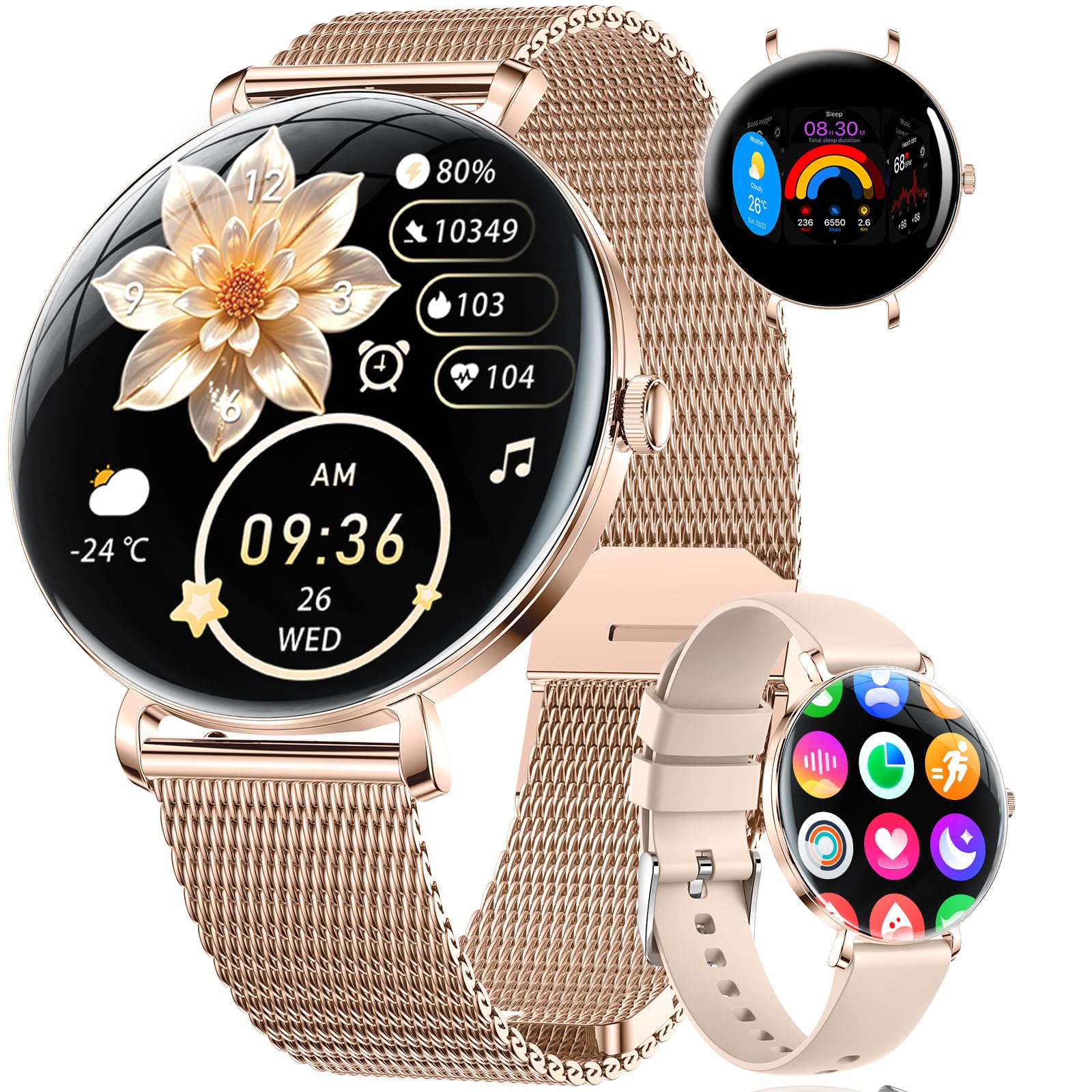 SUNKTA Reloj Inteligente Mujer Ligero con Pantalla Curva AMOLED Ultra Fina Bluetooth Llamadas IP68 Impermeable Podómetro/Frecuencia Cardíaca 100+ Modos Deportivos Elegante Smartwatch para Android iOS