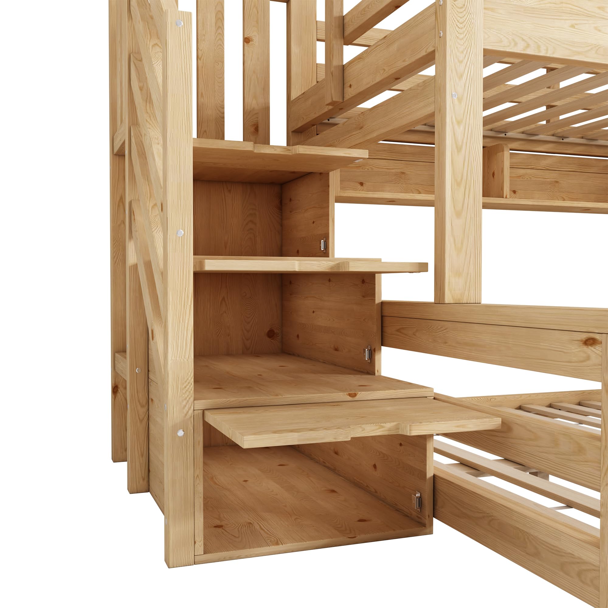 Lit Superposé en Bois pour Enfants 90x200 Et 140x200 Cm avec Rangements Hydrauliques, Escalier-BibliothèQue BarrièRes De SéCurité Et Port USB-C, Lit Familial DéCalé (Naturel, 254x145x206cm)