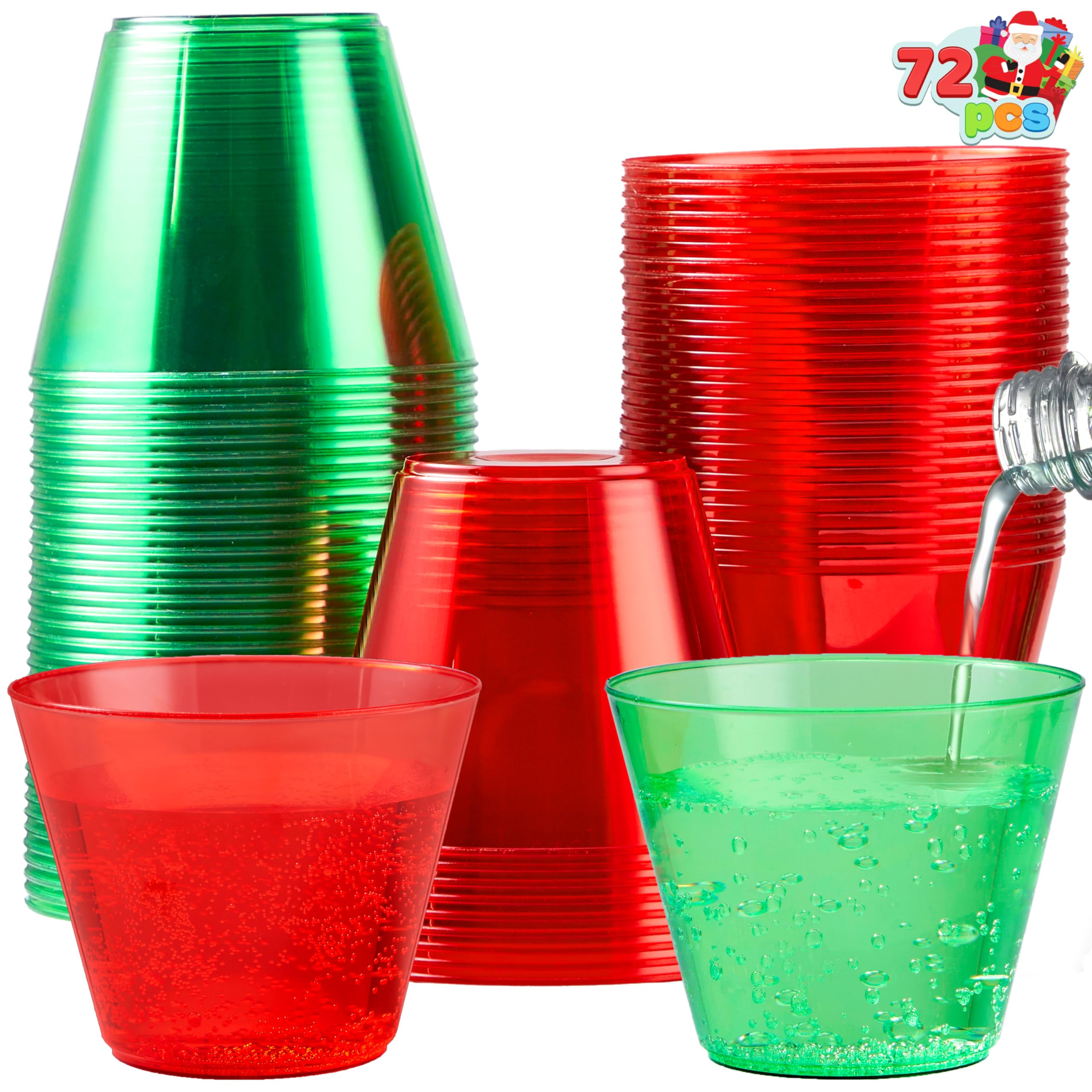 JOYIN 72 PCS Disposable Plastic Drinking Cups, 9 OZ Christmas Clear Plastic Party Cup, Xmas Wine Glasses for Party Supplies, Red Green Cups, Birthday, BBQ, Camping, Family Reunion