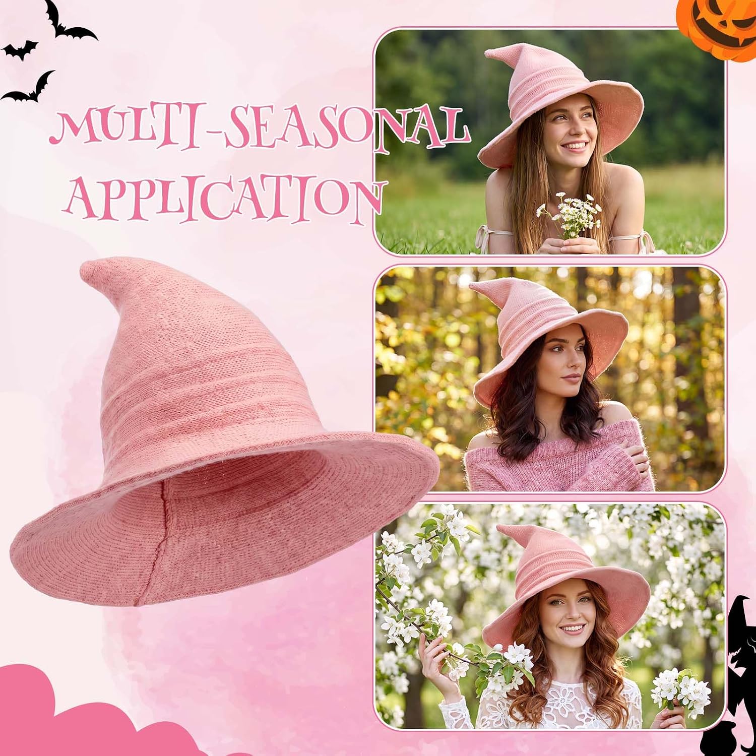 Boyiee Knitted Witch Hat Foldable Wide Brim Cap Pointed Felt Hat for Women Halloween Cosplay Costume Masquerade Accessory image 4