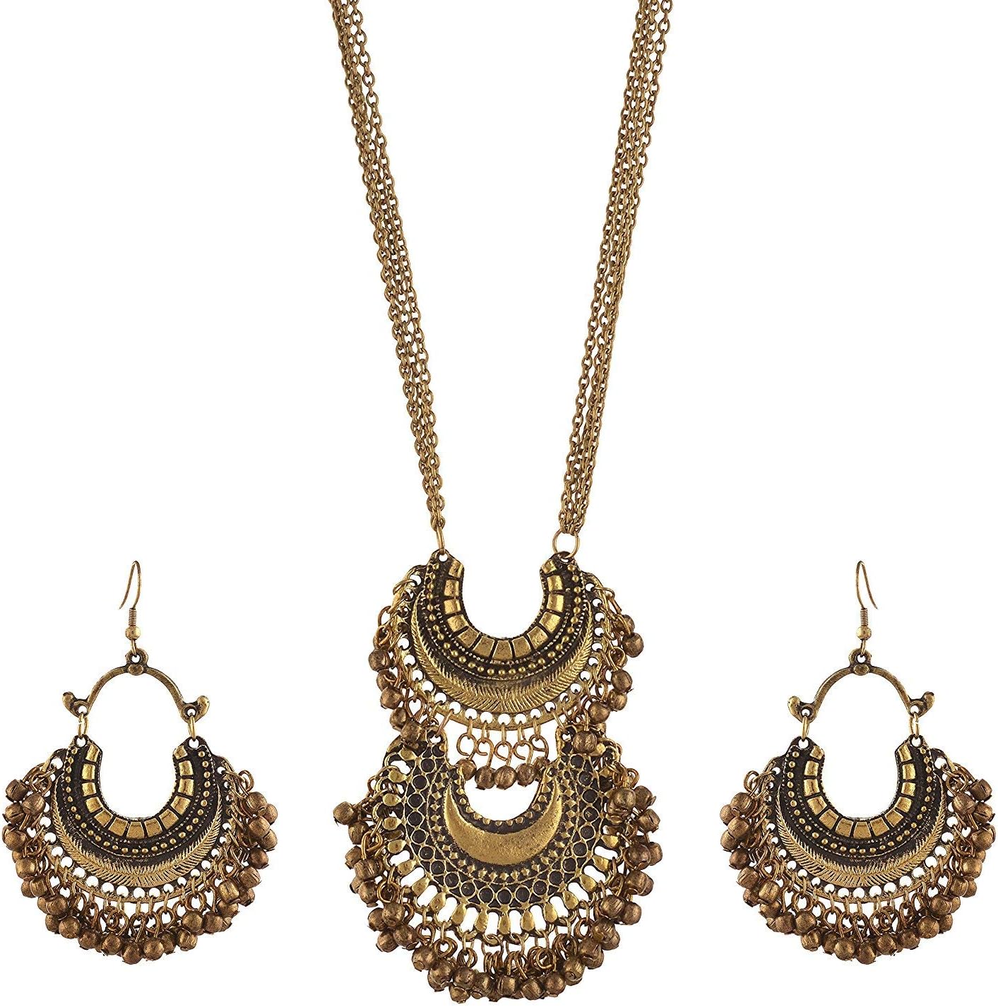 Urbanela Oxidized German Silver and Golden Gypsy Look Tribal Afghani Antique Boho Necklace with Earrings for Women