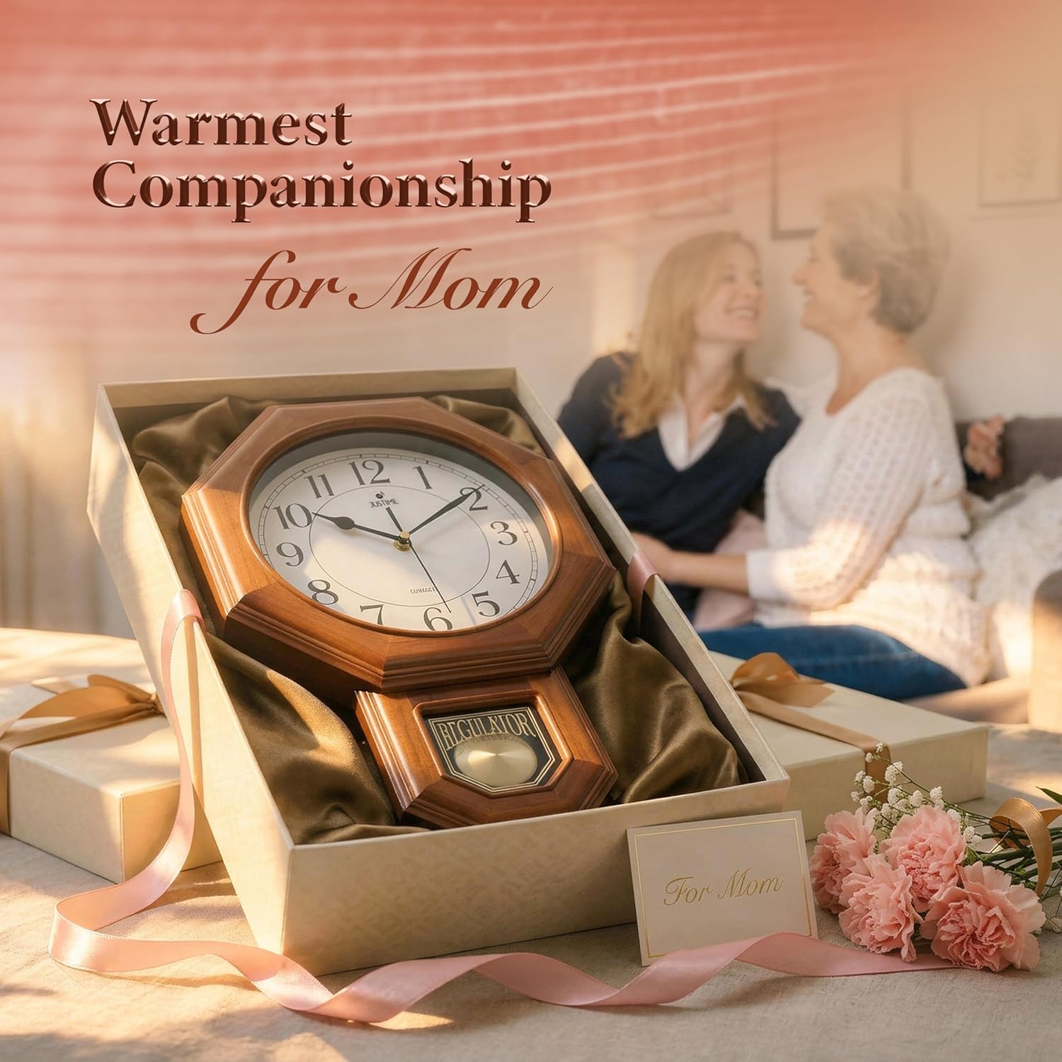 JUSTIME Traditional Schoolhouse Classic Vintage Arabic Regulator Wall Clock, Chiming Wall Clocks with Pendulum & Westminster Chime Hourly, Schoolhouse Wall Decor Battery Operated (Light Wood Grain)