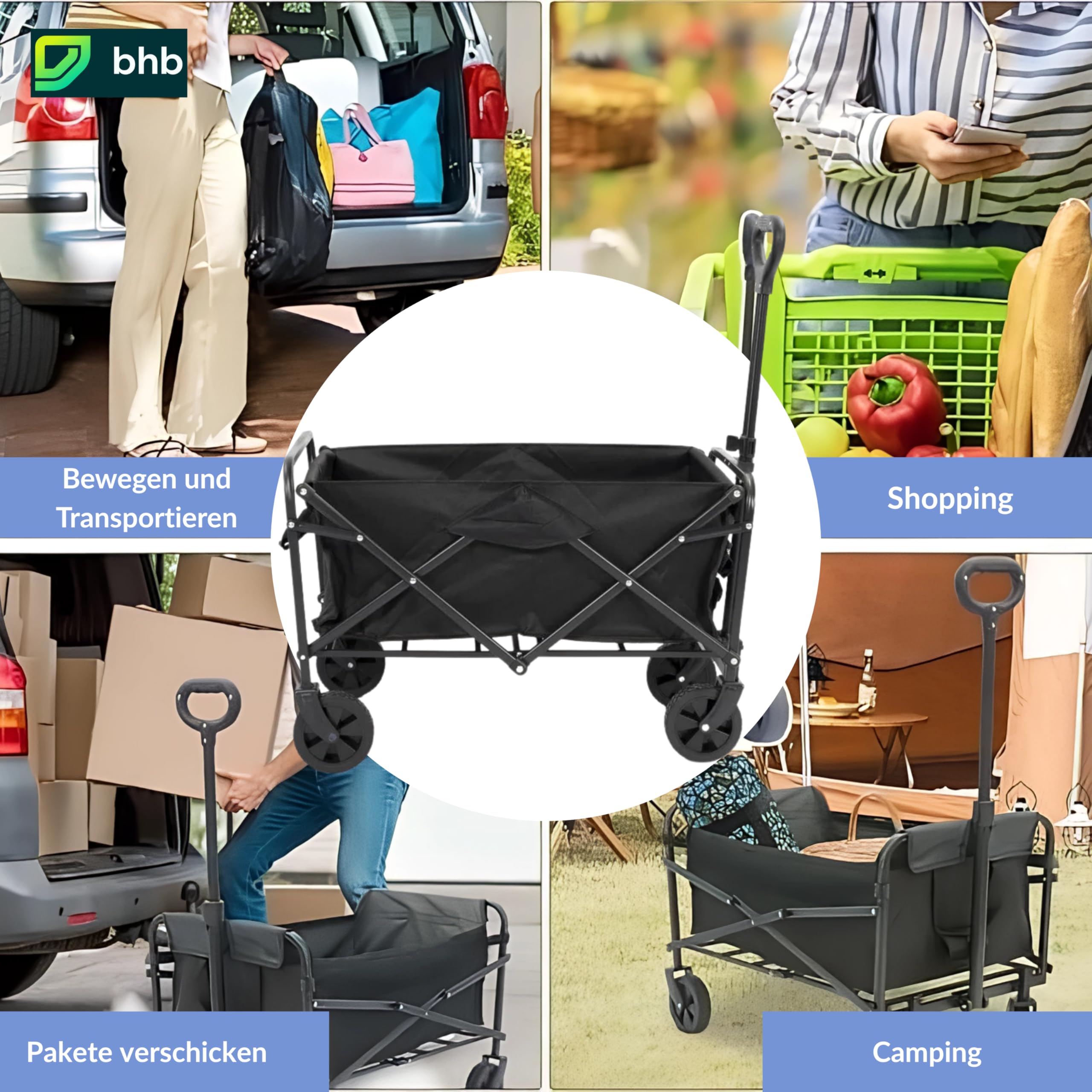 Bollerwagen Faltbar 100L 120kg, Klappbarer Handwagen, Geländegängig, Trolley für Garten Einkauf Camping, Schwarz, 4 Rollen & Kompakt Verstaubar, Größe 88×73×46cm