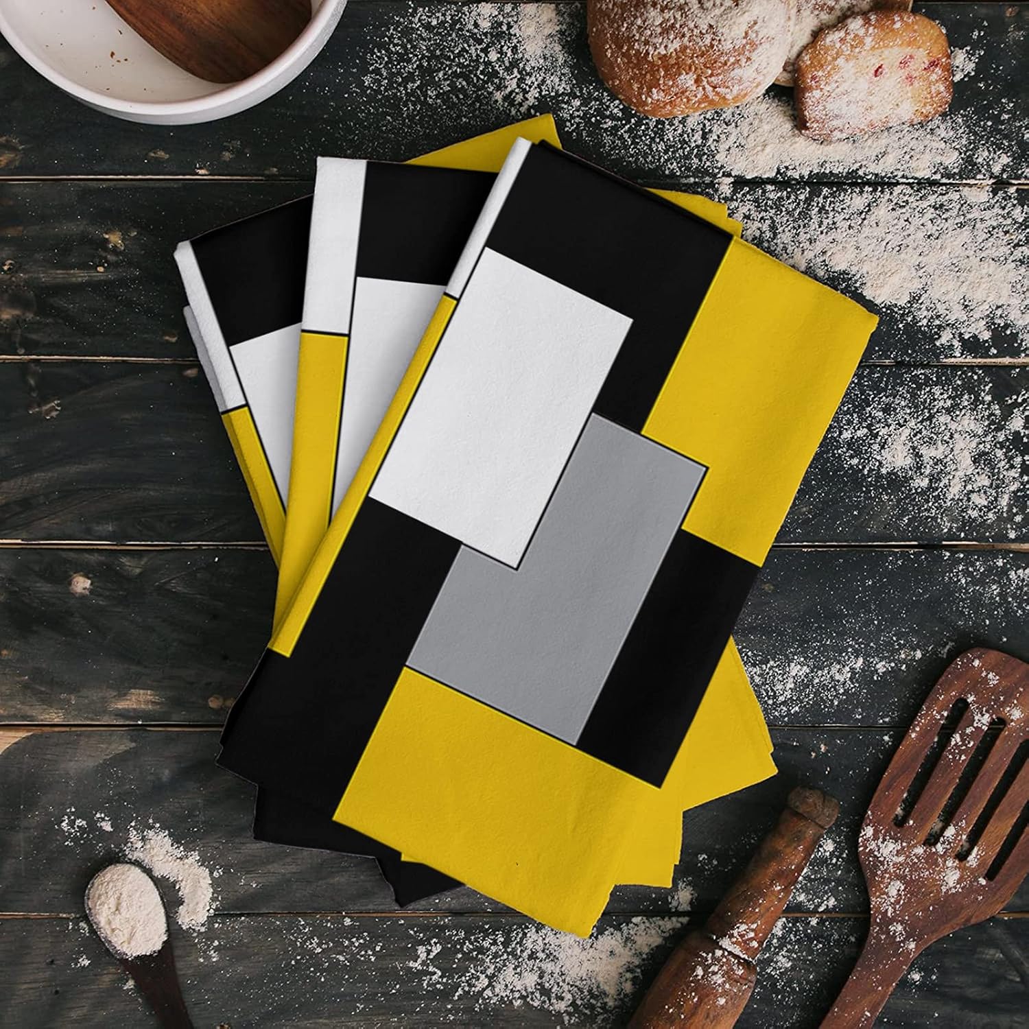 Kitchen Towels Set of 4 Abstract Geometric Dish Towels and Dishcloths Sets Decorative Tea Towel Mid Century Yellow Nordic Absorbent Hand Towels for Kitchen Bathroom Cleaning Drying Baking Home Decor