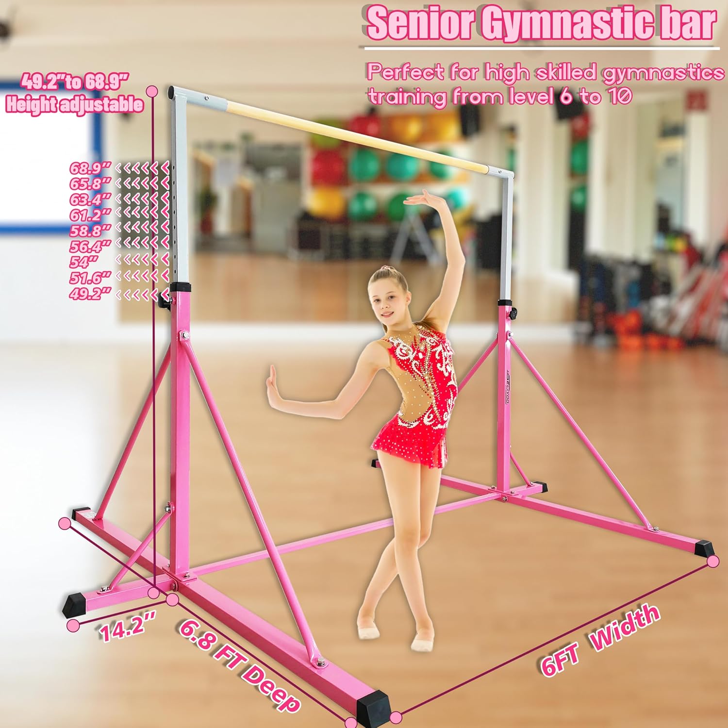 Gymnastics Bar for Kids Adults Ages 5-25,6FT Width ,7.2 FT Base Length ,Gymnastic Horizontal bar,Kip bar For Real Gymnastics,Height Adjustable 49.2" to 68.9",Competition Gymnastics Equipment For Home Gym 500LB Capacity
