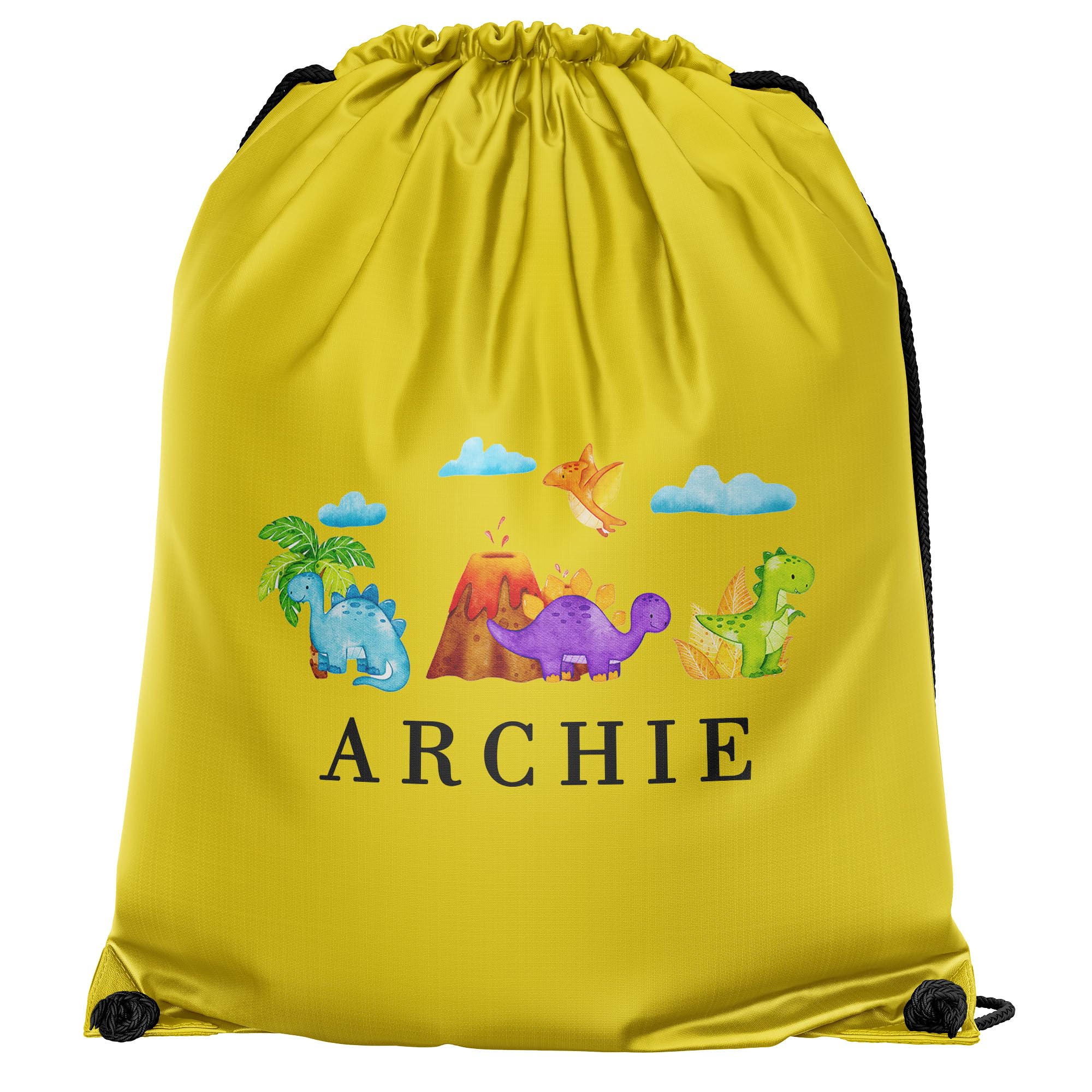 Purple Print House Dinosaur Custom Drawstring Personalised Name with Baby Dino Design Back To School Infant Primary Boys PE Sports Bag, One Size, Yellow