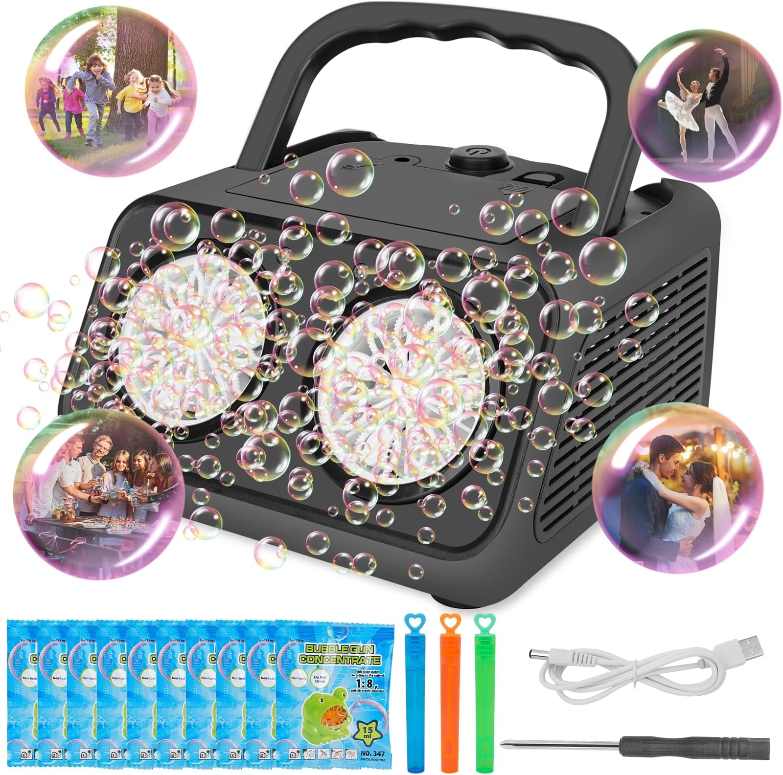 HYH Automatic Bubble Machine, Bubble Blower with 2 Fans, 20000+ Bubbles Per Minute, Electric Bubble Maker for Toddlers, Powered by Plug or Batteries, with