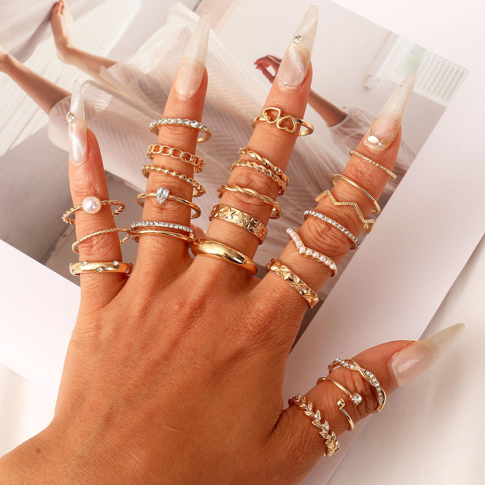 Juego de anillos dorados para nudillos para mujer, paquete de anillos de oro ajustables, tamaño mixto, apilables, juego de anillos apilables de cristal tallado hueco, Cristal, Cristal 4